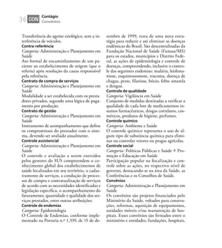 36
Transferência do agente etiológico, sem a in-
terferência de veículos.
Contra-referência
Categoria: Administração e Planejamento em
Saúde
Ato formal de encaminhamento de um pa-
ciente ao estabelecimento de origem (que o
referiu) após resolução da causa responsável
pela referência.
Contrato de compra de serviços
Categoria: Administração e Planejamento em
Saúde
Modalidade a ser estabelecida com os presta
dores privados, segundo uma lógica de paga-
mento por produção.
Contrato de gestão
Categoria: Administração e Planejamento em
Saúde
Instrumento de acompanhamento que deﬁne
os compromissos do prestador com o siste-
ma, devendo ser avaliado anualmente.
Controle assistencial
Categoria: Administração e Planejamento em
Saúde
O controle e avaliação a serem exercidos
pelos gestores do SUS compreendem o co-
nhecimento global dos estabelecimentos de
saúde localizados em seu território, o cadas-
tramento de serviços, a condução de proces-
sos de compra e contratualização de serviços
de acordo com as necessidades identiﬁcadas e
legislação especíﬁca, o acompanhamento do
faturamento, quantidade e qualidade dos ser-
viços prestados, entre outras atribuições.
Controle de endemias
Categoria: Epidemiologia
O Controle de Endemias, conforme imple-
mentado na Portaria n.º 1.339, de 15 de de-
zembro de 1999, trata de uma nova estra-
tégia para reduzir e até eliminar as doenças
endêmicas do Brasil. São descentralizadas da
Fundação Nacional de Saúde (Funasa/MS)
para os estados, municípios e Distrito Fede-
ral, as ações de epidemiologia e controle de
doenças, compreendendo, inclusive o contro-
le das seguintes endemias: malária, leishma-
niose, esquistossomose, tracoma, doença de
chagas, peste, ﬁlariose, bócio, febre amarela
e dengue.
Controle de qualidade
Categoria: Vigilância em Saúde
Conjunto de medidas destinadas a veriﬁcar a
qualidade de cada lote de medicamentos in-
sumos farmacêuticos, drogas correlatos, cos-
méticos, produtos de higiene, perfumes.
Controle químico
Categoria: Ambiente e Saúde
O controle químico representa o uso de al-
gum tipo de substância química para elimi-
nar ou controlar vetores ou pragas agrícolas.
Controle social
Categoria: Políticas Públicas e Saúde Pro-
moção e Educação em Saúde
Participação popular na ﬁscalização e con-
trole sobre as ações, no respectivo nível de
governo, destacando-se na área da Saúde, as
Conferências e os Conselhos de Saúde.
Convênios
Categoria: Administração e Planejamento em
Saúde
Os convênios são projetos ﬁnanciados pelo
Ministério da Saúde, voltados para constru-
ções, reformas, aquisição de equipamentos,
unidades móveis e/ou manutenção de hos-
pitais. Esses convênios são ﬁrmados entre o
ministério e entidades, fundações, hospitais,
CON
Contágio
Convênios
 