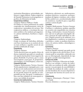 37
instituições ﬁlantrópicas, universidades, pre-
feituras e órgãos federais. Podem originar-se
de Emenda Parlamentar ou de programas es-
pecíﬁcos do Ministério da Saúde.
Cooperativas médicas
Categoria: Políticas Públicas e Saúde
Os médicos (e outros proﬁssionais de saúde)
cooperados são, simultaneamente, sócios da
cooperativas e prestadores de serviços. Nas
cooperativas médicas, a vinculação dos usu-
ários também se faz mediante pré-pagamen-
to a planos individuais, familiares e empre-
sariais.
Coorte
Categoria: Epidemiologia
Grupo ou grupos de indivíduos deﬁnidos
com base na presença ou na ausência de um
ou mais atributos e seguidos através de um
período estabelecido de tempo.
Coqueluche
Categoria: Doenças
Termo descritivo para um quadro clínico de
doença respiratória que pode ser causado por
três espécies das bactérias Gram-negativas do
gênero Bordetella: B. pertussis, que é a causa
mais freqüente e mais grave, B. parapertussis,
mais benigna; e B. bronchiseptica, a mais rara.
Coquetel anti-aids
Categoria: Medicamentos, Vacinas e Insumos
Termo popularmente empregado para o uso
de dois ou três medicamentos anti-retrovirais
associados, e que se caracteriza pela tomada
de um grande número de cápsulas ou com-
primidos por dia. Em geral, a combinação é
feita com dois inibidores de transcriptase re-
versa e um inibidor de protease.
Corantes de medicamentos
Categoria: Medicamentos, Vacinas e Insumos
Substâncias adicionais aos medicamentos,
produtos dietéticos, cosméticos, perfumes,
produtos de higiene e similares, com o efeito
de lhes conferir cor e, em determinados tipos
de cosméticos, transferi-la para a superfície
cutânea e anexos da pele.
Correlato
Categoria: Medicamentos, Vacinas e Insumos
Correlato é a substância, produto, aparelho
ou acessório não enquadrados nos conceitos
de droga, medicamento e insumo farmacêu-
tico, cujo uso ou aplicação esteja ligado à de-
fesa e proteção da saúde individual ou cole-
tiva, à higiene pessoal ou de ambientes, ou a
ﬁns diagnósticos e analíticos, os cosméticos
e perfumes e, ainda, os produtos dietéticos,
óticos, de acústica médica, odontológicos e
veterinários.
Corrimento
Categoria: Doenças
Secreção (líquido) anormal, que pode sair da
uretra, da vagina ou do colo do útero. O cor-
rimento pode ser amarelado, acidentado com
pus ou esbranquiçado, dependendo do tipo
de agente causador (microorganismo).
Crenças em saúde
Categoria: Promoção e Educação em Saúde
Baseia-se nas atitudes e crenças do indiví-
duo sobre sua condição de saúde, sobretudo
quanto à sua percepção da suscetibilidade e
severidade da condição de saúde, a percep-
ção dos benefícios dos recursos disponíveis e
a percepção das barreiras de acesso aos ser-
viços.
Crescimento
Categoria: Alimentação e Nutrição Aten-
ção à Saúde
Processo dinâmico e contínuo que ocorre
CRE
Cooperativas médicas
Crescimento
 