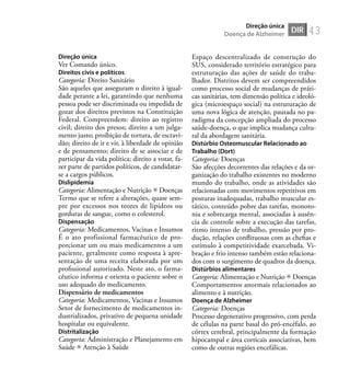 43
Direção única
Ver Comando único.
Direitos civis e políticos
Categoria: Direito Sanitário
São aqueles que asseguram o direito à igual-
dade perante a lei, garantindo que nenhuma
pessoa pode ser discriminada ou impedida de
gozar dos direitos previstos na Constituição
Federal. Compreendem: direito ao registro
civil; direito dos presos; direito a um julga-
mento justo; proibição de tortura, de escravi-
dão; direito de ir e vir, à liberdade de opinião
e de pensamento; direito de se associar e de
participar da vida política; direito a votar, fa-
zer parte de partidos políticos, de candidatar-
se a cargos públicos.
Dislipidemia
Categoria: Alimentação e Nutrição Doenças
Termo que se refere a alterações, quase sem-
pre por excessos nos teores de lipídeos ou
gorduras de sangue, como o colesterol.
Dispensação
Categoria: Medicamentos, Vacinas e Insumos
É o ato profissional farmacêutico de pro-
porcionar um ou mais medicamentos a um
paciente, geralmente como resposta à apre-
sentação de uma receita elaborada por um
proﬁssional autorizado. Neste ato, o farma-
cêutico informa e orienta o paciente sobre o
uso adequado do medicamento.
Dispensário de medicamentos
Categoria: Medicamentos, Vacinas e Insumos
Setor de fornecimento de medicamentos in-
dustrializados, privativo de pequena unidade
hospitalar ou equivalente.
Distritalização
Categoria: Administração e Planejamento em
Saúde Atenção à Saúde
Espaço descentralizado de construção do
SUS, considerado território estratégico para
estruturação das ações de saúde do traba-
lhador. Distritos devem ser compreendidos
como processo social de mudanças de práti-
cas sanitárias, tem dimensão política e ideoló-
gica (microespaço social) na estruturação de
uma nova lógica de atenção, pautada no pa-
radigma da concepção ampliada do processo
saúde-doença, o que implica mudança cultu-
ral da abordagem sanitária.
Distúrbio Osteomuscular Relacionado ao
Trabalho (Dort)
Categoria: Doenças
São afecções decorrentes das relações e da or-
ganização do trabalho existentes no moderno
mundo do trabalho, onde as atividades são
relacionadas com movimentos repetitivos em
posturas inadequadas, trabalho muscular es-
tático, conteúdo pobre das tarefas, monoto-
nia e sobrecarga mental, associadas à ausên-
cia de controle sobre a execução das tarefas,
ritmo intenso de trabalho, pressão por pro-
dução, relações conﬂituosas com as cheﬁas e
estímulo à competitividade exarcebada. Vi-
bração e frio intenso também estão relaciona-
dos com o surgimento de quadros da doença.
Distúrbios alimentares
Categoria: Alimentação e Nutrição Doenças
Comportamentos anormais relacionados ao
alimento e à nutrição.
Doença de Alzheimer
Categoria: Doenças
Processo degenerativo progressivo, com perda
de células na parte basal do pró-encéfalo, ao
córtex cerebral, principalmente da formação
hipocampal e área corticais associativas, bem
como de outras regiões encefálicas.
DIR
Direção única
Doença de Alzheimer
 
