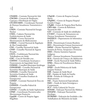 6
CNAIDS – Comissão Nacional de Aids
CNCDO – Centrais de Notiﬁcação,
Captação e Distribuição de Órgãos
CN-DST/AIDS – Coordenação Nacional
de Doenças Sexualmente Transmissíveis e
Aids
CNEN – Comissão Nacional de Energia
Nuclear
CNES – Cadastro Nacional dos
Estabelecimentos de Saúde
CNMM – Centro Nacional de
Monitoramento de Medicamentos
CNRAC – Central Nacional de Regulação
de Alta Complexidade
CNS – Conselho Nacional de Saúde
CNSP – Conselho Nacional de Seguros
Privados
CNTS – Confederação Nacional dos
Trabalhadores em Saúde
COC – Casa de Oswaldo cruz
COFINS – Contribuição Social para o
Financiamento da Seguridade Social
COMAD – Conselhos Municipais Antidrogas
CONASEMS – Conselho Nacional de
Secretários Municipais de Saúde
CONASS – Conselho Nacional de
Secretários Estaduais de Saúde
CONEN – Conselhos Estaduais de
Entorpecentes
CONEP – Comissão Nacional de Ética em
Pesquisa
CONFEN – Conselho Federal de
Entorpecentes
CONSU – Conselho de Saúde Suplementar
CPMF – Contribuição Provisória sobre
Movimentação Financeira
CpqAM – Centro de Pesquisa Aggeu
Magalhães
CPqGM – Centro de Pesquisa Gonçalo
Moniz
CPqHEC – Centro de Pesquisa Hospital
Evandro Chagas
CPqRR – Centro de Pesquisa René Rachou
CRN-Aids – Centros de Referência
Nacional de Aids
CST – Comissão de Saúde do trabalhador
CT-DST – Centros de Treinamento em
Doenças Sexualmente Transmissíveis
DATASUS – Departamento de Informática
do SUS
DCB – Denominação Comum Brasileira
DCI – Denominação Comum Internacional
DIPAF – Divisão Nacional de Vigilância
Sanitária de Portos, Aeroportos e Fronteiras
DSEI – Distrito Sanitários Especiais
Indígenas
DST – Doenças Sexualmente Transmissíveis
ECA – Estatuto da Criança e do Adolescente
ENSP – Escola Nacional de Saúde Pública
EPBA – Elenco de Procedimentos Básicos
Ampliado
EPSJV – Escola Politécnica de Saúde
Joaquim Venâncio
ESB – Equipes de Saúde Bucal
ESF – Equipes de Saúde da Família
EUM – Estudos de Utilização de
Medicamentos
FAE – Fração Assistencial Especializada
FAEC – Fundo de Ações Estratégicas e
Compensação
FCT – Ficha Cadastral de Terceiro
FENAM – Federação Nacional dos Médicos
FENAPSI – Federação Nacional dos
Psicólogos
FETRAMS – Federação das Entidades e dos
Trabalhadores do Ministério da Saúde
 
