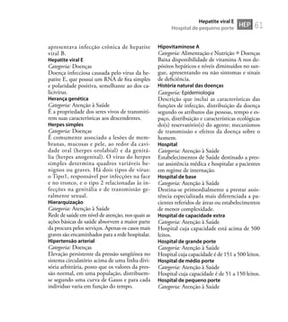 61
apresentava infecção crônica de hepatite
viral B.
Hepatite viral E
Categoria: Doenças
Doença infecciosa causada pelo vírus da he-
patite E, que possui um RNA de ﬁta simples
e polaridade positiva, semelhante ao dos ca-
licivírus.
Herança genética
Categoria: Atenção à Saúde
É a propriedade dos seres vivos de transmiti-
rem suas características aos descendentes.
Herpes simples
Categoria: Doenças
É comumente associado a lesões de mem-
branas, mucosas e pele, ao redor da cavi-
dade oral (herpes orolabial) e da genitá-
lia (herpes anogenital). O vírus do herpes
simples determina quadros variáveis be-
nignos ou graves. Há dois tipos de vírus:
o Tipo1, responsável por infecções na face
e no tronco, e o tipo 2 relacionadas às in-
fecções na genitália e de transmissão ge-
ralmente sexual.
Hierarquização
Categoria: Atenção à Saúde
Rede de saúde em nível de atenção, nos quais as
ações básicas de saúde absorvem a maior parte
da procura pelos serviços. Apenas os casos mais
graves são encaminhados para a rede hospitalar.
Hipertensão arterial
Categoria: Doenças
Elevação persistente da pressão sangüínea no
sistema circulatório acima de uma linha divi-
sória arbitrária, posto que os valores da pres-
são normal, em uma população, distribuem-
se segundo uma curva de Gauss e para cada
indivíduo varia em função do tempo.
Hipovitaminose A
Categoria: Alimentação e Nutrição Doenças
Baixa disponibilidade de vitamina A nos de-
pósitos hepáticos e níveis diminuídos no san-
gue, apresentando ou não sintomas e sinais
de deﬁciência.
História natural das doenças
Categoria: Epidemiologia
Descrição que inclui as características das
funções de infecção, distribuição da doença
segundo os atributos das pessoas, tempo e es-
paço, distribuição e características ecológicas
do(s) reservatório(s) do agente; mecanismos
de transmissão e efeitos da doença sobre o
homem.
Hospital
Categoria: Atenção à Saúde
Estabelecimentos de Saúde destinado a pres-
tar assistência médica e hospitalar a pacientes
em regime de internação.
Hospital de base
Categoria: Atenção à Saúde
Destina-se primordialmente a prestar assis-
tência especializada mais diferenciada a pa-
cientes referidos de áreas ou estabelecimentos
de menor complexidade.
Hospital de capacidade extra
Categoria: Atenção à Saúde
Hospital cuja capacidade está acima de 500
leitos.
Hospital de grande porte
Categoria: Atenção à Saúde
Hospital cuja capacidade é de 151 a 500 leitos.
Hospital de médio porte
Categoria: Atenção à Saúde
Hospital cuja capacidade é de 51 a 150 leitos.
Hospital de pequeno porte
Categoria: Atenção à Saúde
HEP
Hepatite viral E
Hospital de pequeno porte
 
