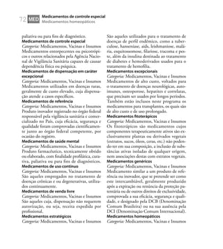 72
paliativa ou para ﬁns de diagnóstico.
Medicamentos de controle especial
Categoria: Medicamentos, Vacinas e Insumos
Medicamentos entorpecentes ou psicotrópi-
cos e outros relacionados pela Agência Nacio-
nal de Vigilância Sanitária capazes de causar
dependência física ou psíquica.
Medicamentos de dispensação em caráter
excepcional
Categoria: Medicamentos, Vacinas e Insumos
Medicamentos utilizados em doenças raras,
geralmente de custo elevado, cuja dispensa-
ção atende a casos especíﬁcos.
Medicamentos de referência
Categoria: Medicamentos, Vacinas e Insumos
Produto inovador registrado no órgão federal
responsável pela vigilância sanitária e comer-
cializado no País, cuja eﬁcácia, segurança e
qualidade foram comprovadas cientiﬁcamen-
te junto ao órgão federal competente, por
ocasião do registro.
Medicamentos de saúde mental
Categoria: Medicamentos, Vacinas e Insumos
Produto farmacêutico, tecnicamente obtido
ou elaborado, com ﬁnalidade proﬁlática, cura-
tiva, paliativa ou para ﬁns de diagnósticos.
Medicamentos de uso contínuo
Categoria: Medicamentos, Vacinas e Insumos
São aqueles empregados no tratamento de
doenças crônicas e ou degenerativas, utiliza-
dos continuamente.
Medicamentos de venda livre
Categoria: Medicamentos, Vacinas e Insumos
São aqueles cuja, dispensação não requerem
autorização, ou seja, receita expedida por
proﬁssional.
Medicamentos estratégicos
Categoria: Medicamentos, Vacinas e Insumos
São aqueles utilizados para o tratamento de
doenças de perﬁl endêmico, como a tuber-
culose, hanseníase, aids, leishmaniose, malá-
ria, esquitossomose, ﬁlariose, tracoma e pes-
te, além da insulina destinada ao tratamento
de diabetes e hemoderivados usados para o
tratamento de hemoﬁlia.
Medicamentos excepcionais
Categoria: Medicamentos, Vacinas e Insumos
Medicamentos de alto custo, voltados para
o tratamento de doenças neurológicas, auto-
imunes, osteoporose, hepatites e correlatas,
que precisam ser usados por longos períodos.
Também estão inclusos neste programa os
medicamentos para transplantes, os quais são
de alto custo e de uso prolongado.
Medicamentos ﬁtoterápicos
Categoria: Medicamentos, Vacinas e Insumos
Os fitoterápicos são medicamentos cujos
componentes terapeuticamente ativos são ex-
clusivamente plantas ou derivados vegetais
(extratos, sucos, óleos, ceras, etc.) não poden-
do ter em sua composição, a inclusão de subs-
tâncias ativas isoladas de qualquer origem,
nem associações destas com extratos vegetais.
Medicamentos genéricos
Categoria: Medicamentos, Vacinas e Insumos
Medicamento similar a um produto de refe-
rência ou inovador, que se pretende ser como
este intercambiável, geralmente produzido
após a expiração ou renúncia da proteção pa-
tentária ou de outros direitos de exclusividade,
comprovada a sua eﬁcácia, segurança e quali-
dade, e designado pela DCB (Denominação
Comum Brasileira) ou na sua ausência pela
DCI (Denominação Comum Internacional).
Medicamentos homeopáticos
Categoria: Medicamentos, Vacinas e Insumos
MED
Medicamentos de controle especial
Medicamentos homeopáticos
 