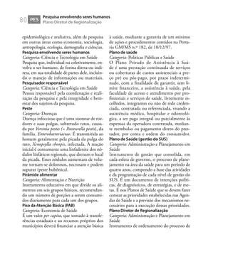 80
epidemiológica e avaliativa, além de pesquisa
em outras áreas como economia, sociologia,
antropologia, ecologia, demograﬁa e ciências.
Pesquisa envolvendo seres humanos
Categoria: Ciência e Tecnologia em Saúde
Pesquisa que, individual ou coletivamente, en-
volva o ser humano, de forma direta ou indi-
reta, em sua totalidade de partes dele, incluin-
do o manejo de informações ou materiais.
Pesquisador responsável
Categoria: Ciência e Tecnologia em Saúde
Pessoa responsável pela coordenação e reali-
zação da pesquisa e pela integridade e bem-
estar dos sujeitos da pesquisa.
Peste
Categoria: Doenças
Doença infecciosa que é uma zoonose de roe-
dores e suas pulgas, sobretudo ratos, causa-
da por Yersinia pestes (= Pasteurella pestis), da
família. Enterobacteriaceae. É transmitida ao
homem geralmente pela picada da pulga do
rato, Xenopsylla cheopis, infectada. A reação
inicial é comumente uma linfadenite dos nó-
dulos linfáticos regionais, que drenam o local
da picada. Esses nódulos aumentam de volu-
me tornam-se dolorosos, necrosam e podem
supurar (peste bubônica).
Pirâmide alimentar
Categoria: Alimentação e Nutrição
Instrumento educativo em que divide os ali-
mentos em seis grupos básicos, recomendan-
do um número de porções a serem consumi-
dos diariamente para cada um dos grupos.
Piso da Atenção Básica (PAB)
Categoria: Economia de Saúde
É um valor per capita, que somado à transfe-
rências estaduais e ao recursos próprios dos
municípios deverá ﬁnanciar a atenção básica
à saúde, mediante a garantia de um mínimo
de ações e procedimentos contidos na Porta-
ria GM/MS n.º 182, de 18/12/97.
Plano de saúde
Categoria: Políticas Públicas e Saúde
O Plano Privado de Assistência à Saú-
de é uma prestação continuada de serviços
ou coberturas de custos assistenciais a pre-
ço pré ou pós-pago, por prazo indetermi-
nado, com a ﬁnalidade de garantir, sem li-
mite ﬁnanceiro, a assistência à saúde, pela
faculdade de acesso e atendimento por pro-
ﬁssionais e serviços de saúde, livremente es-
colhidos, integrantes ou não de rede creden-
ciada, contratada ou referenciada, visando a
assistência médica, hospitalar e odontoló-
gica, a ser paga integral ou parcialmente às
expensas da operadora contratada, median-
te reembolso ou pagamento direto do pres-
tador, por conta e ordem do consumidor.
Plano de Saúde (gestão do SUS)
Categoria: Administração e Planejamento em
Saúde
Instrumento de gestão que consolida, em
cada esfera de governo, o processo de plane-
jamento na área da saúde para um período de
quatro anos, compondo a base das atividades
e da programação de cada nível de gestão do
SUS. É um documento de intenções políti-
cas, de diagnósticos, de estratégias, e de me-
tas. É nos Planos de Saúde que se devem fazer
constar as prioridades estabelecidas nas Agen-
das de Saúde e a previsão dos mecanismos ne-
cessários para a execução dessas prioridades.
Plano Diretor de Regionalização
Categoria: Administração e Planejamento em
Saúde
Instrumento de ordenamento do processo de
PES
Pesquisa envolvendo seres humanos
Plano Diretor de Regionalização
 
