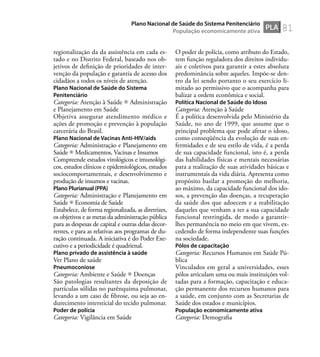 81
regionalização da da assistência em cada es-
tado e no Distrito Federal, baseado nos ob-
jetivos de deﬁnição de prioridades de inter-
venção da população e garantia de acesso dos
cidadãos a todos os níveis de atenção.
Plano Nacional de Saúde do Sistema
Penitenciário
Categoria: Atenção à Saúde Administração
e Planejamento em Saúde
Objetiva assegurar atendimento médico e
ações de promoção e prevenção à população
carcerária do Brasil.
Plano Nacional de Vacinas Anti-HIV/aids
Categoria: Administração e Planejamento em
Saúde Medicamentos, Vacinas e Insumos
Compreende estudos virológicos e imunológi-
cos, estudos clínicos e epidemiológicos, estudos
sociocomportamentais, e desenvolvimento e
produção de insumos e vacinas.
Plano Plurianual (PPA)
Categoria: Administração e Planejamento em
Saúde Economia de Saúde
Estabelece, de forma regionalizada, as diretrizes,
os objetivos e as metas da administração pública
para as despesas de capital e outras delas decor-
rentes, e para as relativas aos programas de du-
ração continuada. A iniciativa é do Poder Exe-
cutivo e a periodicidade é quadrienal.
Plano privado de assistência à saúde
Ver Plano de saúde
Pneumoconiose
Categoria: Ambiente e Saúde Doenças
São patologias resultantes da deposição de
partículas sólidas no parênquima pulmonar,
levando a um caso de ﬁbrose, ou seja ao en-
durecimento intersticial do tecido pulmonar.
Poder de polícia
Categoria: Vigilância em Saúde
O poder de polícia, como atributo do Estado,
tem função reguladora dos direitos individu-
ais e coletivos para garantir a estes absoluta
predominância sobre aqueles. Impõe-se den-
tro da lei sendo portanto o seu exercício li-
mitado ao permissivo que o acompanha para
balizar a ordem econômica e social.
Política Nacional de Saúde do Idoso
Categoria: Atenção à Saúde
É a política desenvolvida pelo Ministério da
Saúde, no ano de 1999, que assume que o
principal problema que pode afetar o idoso,
como conseqüência da evolução de suas en-
fermidades e de seu estilo de vida, é a perda
de sua capacidade funcional, isto é, a perda
das habilidades físicas e mentais necessárias
para a realização de suas atividades básicas e
instrumentais da vida diária. Apresenta como
propósito basilar a promoção do melhoria,
ao máximo, da capacidade funcional dos ido-
sos, a prevenção das doenças, a recuperação
da saúde dos que adoecem e a reabilitação
daqueles que venham a ter a sua capacidade
funcional restringida, de modo a garantir-
lhes permanência no meio em que vivem, ex-
cedendo de forma independente suas funções
na sociedade.
Pólos de capacitação
Categoria: Recursos Humanos em Saúde Pú-
blica
Vinculados em geral a universidades, esses
pólos articulam uma ou mais instituições vol-
tadas para a formação, capacitação e educa-
ção permanente dos recursos humanos para
a saúde, em conjunto com as Secretarias de
Saúde dos estados e municípios.
População economicamente ativa
Categoria: Demograﬁa
PLA
Plano Nacional de Saúde do Sistema Penitenciário
População economicamente ativa
 