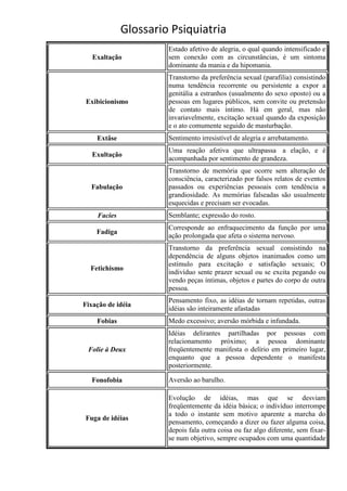 Glossario Psiquiatria
                      Estado afetivo de alegria, o qual quando intensificado e
   Exaltação          sem conexão com as circunstâncias, é um sintoma
                      dominante da mania e da hipomania.
                      Transtorno da preferência sexual (parafilia) consistindo
                      numa tendência recorrente ou persistente a expor a
                      genitália a estranhos (usualmento do sexo oposto) ou a
Exibicionismo         pessoas em lugares públicos, sem convite ou pretensão
                      de contato mais íntimo. Há em geral, mas não
                      invariavelmente, excitação sexual quando da exposição
                      e o ato comumente seguido de masturbação.
    Extâse            Sentimento irresistível de alegria e arrebatamento.
                      Uma reação afetiva que ultrapassa a elação, e é
   Exultação
                      acompanhada por sentimento de grandeza.
                      Transtorno de memória que ocorre sem alteração de
                      consciência, caracterizado por falsos relatos de eventos
  Fabulação           passados ou experiências pessoais com tendência a
                      grandiosidade. As memórias falseadas são usualmente
                      esquecidas e precisam ser evocadas.
    Facies            Semblante; expressão do rosto.
                      Corresponde ao enfraquecimento da função por uma
    Fadiga
                      ação prolongada que afeta o sistema nervoso.
                      Transtorno da preferência sexual consistindo na
                      dependência de alguns objetos inanimados como um
                      estímulo para excitação e satisfação sexuais; O
  Fetichismo
                      indivíduo sente prazer sexual ou se excita pegando ou
                      vendo peças íntimas, objetos e partes do corpo de outra
                      pessoa.
                      Pensamento fixo, as idéias de tornam repetidas, outras
Fixação de idéia
                      idéias são inteiramente afastadas
    Fobias            Medo excessivo; aversão mórbida e infundada.
                      Idéias delirantes partilhadas por pessoas com
                      relacionamento próximo; a pessoa dominante
 Folie à Deux         freqüentemente manifesta o delírio em primeiro lugar,
                      enquanto que a pessoa dependente o manifesta
                      posteriormente.

  Fonofobia           Aversão ao barulho.

                      Evolução de idéias, mas que se desviam
                      freqüentemente da idéia básica; o indivíduo interrompe
                      a todo o instante sem motivo aparente a marcha do
Fuga de idéias
                      pensamento, começando a dizer ou fazer alguma coisa,
                      depois fala outra coisa ou faz algo diferente, sem fixar-
                      se num objetivo, sempre ocupados com uma quantidade
 