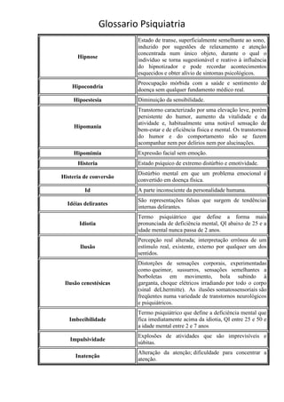 Glossario Psiquiatria
                          Estado de transe, superficialmente semelhante ao sono,
                          induzido por sugestões de relaxamento e atenção
                          concentrada num único objeto, durante o qual o
      Hipnose
                          indivíduo se torna sugestionável e reativo à influência
                          do hipnotizador e pode recordar acontecimentos
                          esquecidos e obter alívio de sintomas psicológicos.
                          Preocupação mórbida com a saúde e sentimento de
    Hipocondria
                          doença sem qualquer fundamento médico real.
    Hipoestesia           Diminuição da sensibilidade.
                          Transtorno caracterizado por uma elevação leve, porém
                          persistente do humor, aumento da vitalidade e da
                          atividade e, habitualmente uma notável sensação de
     Hipomania
                          bem-estar e de eficiência física e mental. Os transtornos
                          do humor e do comportamento não se fazem
                          acompanhar nem por delírios nem por alucinações.
    Hipomimia             Expressão facial sem emoção.
      Histeria            Estado psíquico de extremo distúrbio e emotividade.
                          Distúrbio mental em que um problema emocional é
Histeria de conversão
                          convertido em doença física.
         Id               A parte inconsciente da personalidade humana.
                          São representações falsas que surgem de tendências
  Idéias delirantes
                          internas delirantes.
                          Termo psiquiátrico que define a forma mais
       Idiotia            pronunciada de deficiência mental, QI abaixo de 25 e a
                          idade mental nunca passa de 2 anos.
                          Percepção real alterada; interpretação errônea de um
       Ilusão             estímulo real, existente, externo por qualquer um dos
                          sentidos.
                          Distorções de sensações corporais, experimentadas
                          como queimor, sussurros, sensações semelhantes a
                          borboletas em movimento, bola subindo à
 Ilusão cenestésicas      garganta, choque elétricos irradiando por todo o corpo
                          (sinal deLhermitte). As ilusões somatossensoriais são
                          freqüentes numa variedade de transtornos neurológicos
                          e psiquiátricos.
                          Termo psiquiátrico que define a deficiência mental que
   Imbecibilidade         fica imediatamente acima da idiotia, QI entre 25 e 50 e
                          a idade mental entre 2 e 7 anos
                          Explosões de atividades que são imprevisíveis e
   Impulsividade
                          súbitas.
                          Alteração da atenção; dificuldade para concentrar a
     Inatenção
                          atenção.
 