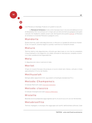 M 43
Taste14 - wine and food ecommerce
Uva Malvatica e Avarèga. Produce vini potenti e asciutti.
La Malvasia di Schierano è nota come malvasia rosa in alcune zone della provincia
di Alessandria. Non va confusa con il vitigno ad uva nera aromatica e grappolo allungato
coltivato nel medesimo areale; proprio per distinguerla da questa Cultivar, la Malvasia
di Schierano è chiamata Malvasia a grappolo corto.
M a n d o r l a
Questo termine, usato nella degustazione, si riferisce a un gradevole sentore di mandor-
la nei vini bianchi, diventa negativo quando il sentore è di mandorle amare.
M a t u r o
Termine relativo alla degustazione, utilizzato per descrivere un vino che ha completato
l’invecchiamento e ha raggiunto uno stadio ottimale di maturazione, completo e armo-
nico nelle caratteristiche organolettiche.
M e l a
In degustazione indica il sentore di mela.
M e r l o t
Vitigno di origine francese che produce un’uva di colore nero intenso, coltivato in Italia
specialmente in Friuli e nel Veneto.
M e t h u s e l a h
Bottiglia della capacità di 6 litri, equivalenti a 8 bottiglie standard da 75 cl.
M e t o d o C h a m p e n o i s
O metodo Martinotti (vedi Charmat (metodo)).
M e t o d o c l a s s i c o
O metodo Champenoise (vedi Classico (Metodo)).
M i s t e l l e
Bevanda alcolica preparata aggiungendo spirito d’uva al succo di uva non fermentata.
M e t a b i s o l f i t o
Termine impiegato in enologia che raggruppa sali (solfiti) dell’anidirde solforosa. (vedi
 