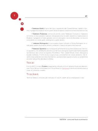 T 67
Taste14 - wine and food ecommerce
Il Trebbiano Giallo è tipico del Lazio, soprattutto dei Castelli Romani, Velletri in pri-
mis. Il grappolo è medio e l’acino giallo dorato è spesso cosparso di macchie marroncine.
Il Trebbiano Modenese, conosciuto anche come Trebbiano Comune e Trebbiano
di Collina, è storicamente riservato alla produzione di aceto balsamico tradizionale di
Modena. Il grappolo è medio grande, conico e allungato. L’acino è sferoidale, con buccia
consistente, di colore giallo verdognolo o giallo dorato.
Il Trebbiano Romagnolo è il principale vitigno coltivato in Emilia Romagna, di co-
lore giallo verde che diventa dorato o ambrato in epoca di piena maturazione.
Il Trebbiano Spoletino nel nome porta certamente la sua terra d’elezione, il territo-
rio spoletino, non altrettanto certo è il suo territorio d’origine. È particolarmente presente
nel territorio dei comuni di Spoleto, Montefalco, Trevi, Castel Ritardi, Giano, Bevagna e
Gualdo Cattaneo. Il frutto ha buccia pruinosa, consistente e di colore verdastro, che di-
venta roseo ambrato con macchie marroni, quando è ben esposto al sole. La vendemmia
avviene nella prima decade di ottobre.
To c a i
Fino al 2007 il vitigno Friulano, largamente coltivato in Friuli-Venezia Giulia, era denomi-
nato Tocai. Da non confondere con il Tocai Rosso (v. Cannonau) che è una varietà a bacca
rossa, di colore blu violetto.
Tr o c k e n
Termine tedesco utilizzato per indicare vini secchi, adatti ad accompagnare il cibo.
 