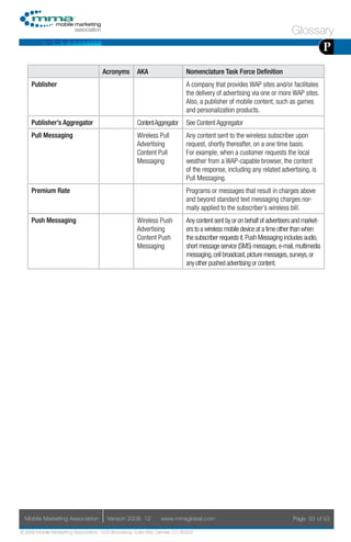 Glossary
                                                                                                                                          P
                                     Acronyms        AKA                    Nomenclature Task Force Definition
     Publisher                                                              A company that provides WAP sites and/or facilitates
                                                                            the delivery of advertising via one or more WAP sites.
                                                                            Also, a publisher of mobile content, such as games
                                                                            and personalization products.
     Publisher’s Aggregator                          Content Aggregator     See Content Aggregator
     Pull Messaging                                  Wireless Pull          Any content sent to the wireless subscriber upon
                                                     Advertising            request, shortly thereafter, on a one time basis.
                                                     Content Pull           For example, when a customer requests the local
                                                     Messaging              weather from a WAP-capable browser, the content
                                                                            of the response, including any related advertising, is
                                                                            Pull Messaging.
     Premium Rate                                                           Programs or messages that result in charges above
                                                                            and beyond standard text messaging charges nor-
                                                                            mally applied to the subscriber’s wireless bill.
     Push Messaging                                  Wireless Push          Any content sent by or on behalf of advertisers and market-
                                                     Advertising            ers to a wireless mobile device at a time other than when
                                                     Content Push           the subscriber requests it. Push Messaging includes audio,
                                                     Messaging              short message service (SMS) messages, e-mail, multimedia
                                                                            messaging, cell broadcast, picture messages, surveys, or
                                                                            any other pushed advertising or content.




  Mobile Marketing Association         Version 2008. 12         www.mmaglobal.com                                         Page 33 of 53

© 2008 Mobile Marketing Association, 1670 Broadway, Suite 850, Denver, CO 80202
 