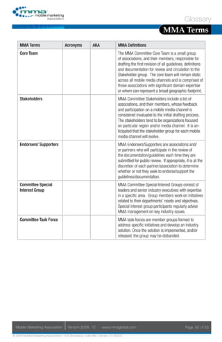 Glossary
                                                                                                          MMA Terms
     MMA Terms                       Acronyms            AKA                MMA Definitions
     Core Team                                                              The MMA Committee Core Team is a small group
                                                                            of associations, and their members, responsible for
                                                                            drafting the first revision of all guidelines, definitions
                                                                            and documentation for review and circulation to the
                                                                            Stakeholder group. The core team will remain static
                                                                            across all mobile media channels and is comprised of
                                                                            those associations with significant domain expertise
                                                                            or whom can represent a broad geographic footprint.
     Stakeholders                                                           MMA Committee Stakeholders include a list of
                                                                            associations, and their members, whose feedback
                                                                            and participation on a mobile media channel is
                                                                            considered invaluable to the initial drafting process.
                                                                            The stakeholders tend to be organizations focused
                                                                            on particular region and/or media channel. It is an-
                                                                            ticipated that the stakeholder group for each mobile
                                                                            media channel will evolve.
     Endorsers/ Supporters                                                  MMA Endorsers/Supporters are associations and/
                                                                            or partners who will participate in the review of
                                                                            the documentation/guidelines each time they are
                                                                            submitted for public review. If appropriate, it is at the
                                                                            discretion of each partner/association to determine
                                                                            whether or not they seek to endorse/support the
                                                                            guidelines/documentation.
     Committee Special                                                      MMA Committee Special Interest Groups consist of
     Interest Group                                                         leaders and senior industry executives with expertise
                                                                            in a specific area. Group members work on initiatives
                                                                            related to their departments’ needs and objectives.
                                                                            Special interest group participants regularly advise
                                                                            MMA management on key industry issues.
     Committee Task Force                                                   MMA task forces are member groups formed to
                                                                            address specific initiatives and develop an industry
                                                                            solution. Once the solution is implemented, and/or
                                                                            released, the group may be disbanded.




  Mobile Marketing Association         Version 2008. 12         www.mmaglobal.com                                        Page 50 of 53

© 2008 Mobile Marketing Association, 1670 Broadway, Suite 850, Denver, CO 80202
 