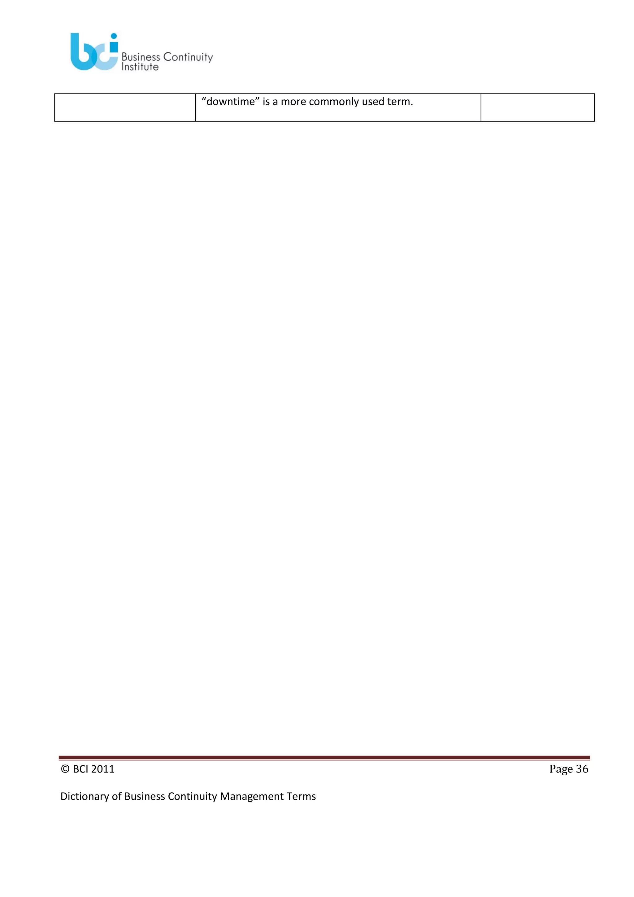 “downtime” is a more commonly used term.

© BCI 2011
Dictionary of Business Continuity Management Terms

Page 36

 