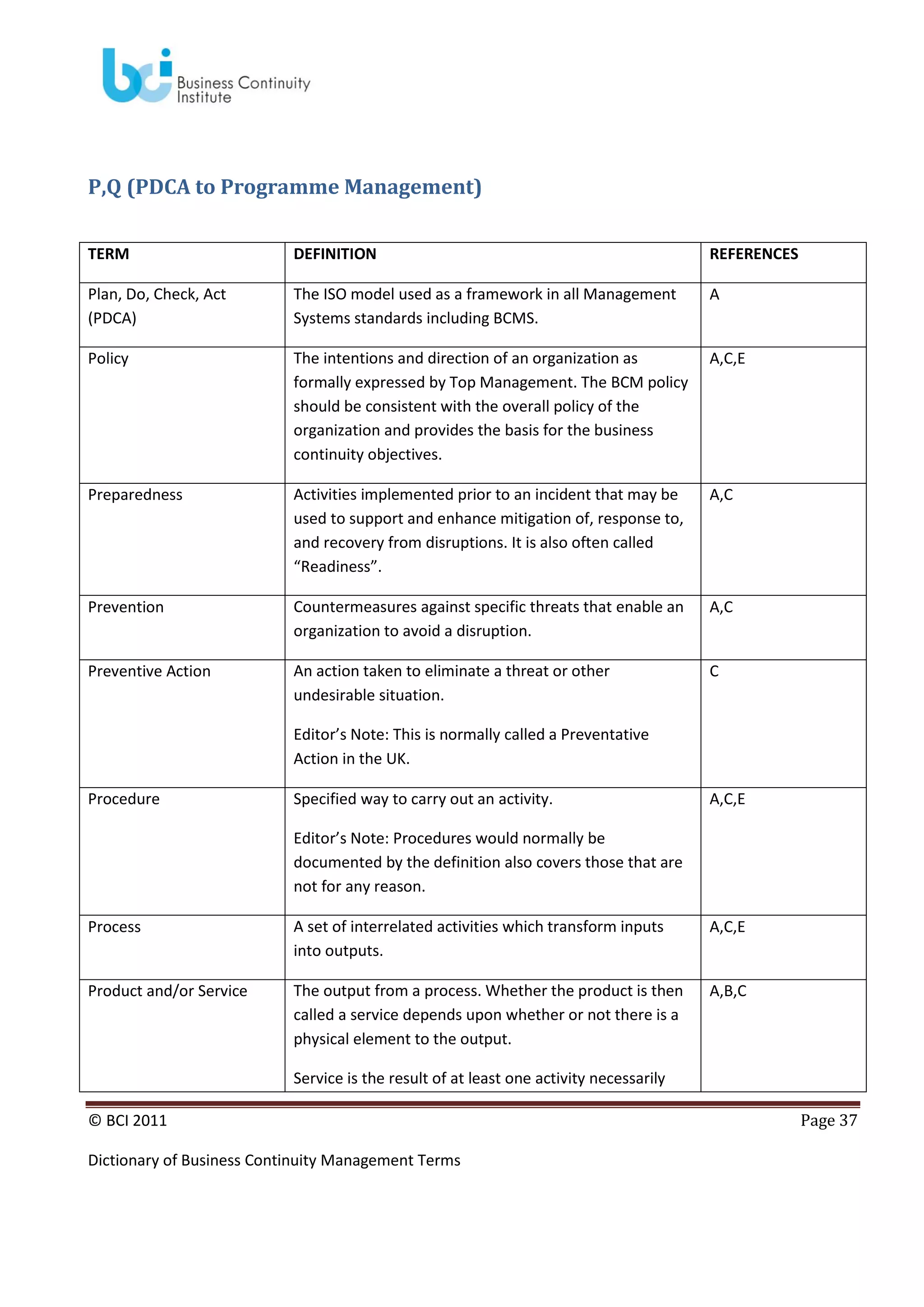 P,Q (PDCA to Programme Management)
TERM

DEFINITION

REFERENCES

Plan, Do, Check, Act
(PDCA)

The ISO model used as a framework in all Management
Systems standards including BCMS.

A

Policy

The intentions and direction of an organization as
formally expressed by Top Management. The BCM policy
should be consistent with the overall policy of the
organization and provides the basis for the business
continuity objectives.

A,C,E

Preparedness

Activities implemented prior to an incident that may be
used to support and enhance mitigation of, response to,
and recovery from disruptions. It is also often called
“Readiness”.

A,C

Prevention

Countermeasures against specific threats that enable an
organization to avoid a disruption.

A,C

Preventive Action

An action taken to eliminate a threat or other
undesirable situation.

C

Editor’s Note: This is normally called a Preventative
Action in the UK.
Procedure

Specified way to carry out an activity.

A,C,E

Editor’s Note: Procedures would normally be
documented by the definition also covers those that are
not for any reason.
Process

A set of interrelated activities which transform inputs
into outputs.

A,C,E

Product and/or Service

The output from a process. Whether the product is then
called a service depends upon whether or not there is a
physical element to the output.

A,B,C

Service is the result of at least one activity necessarily
© BCI 2011
Dictionary of Business Continuity Management Terms

Page 37

 