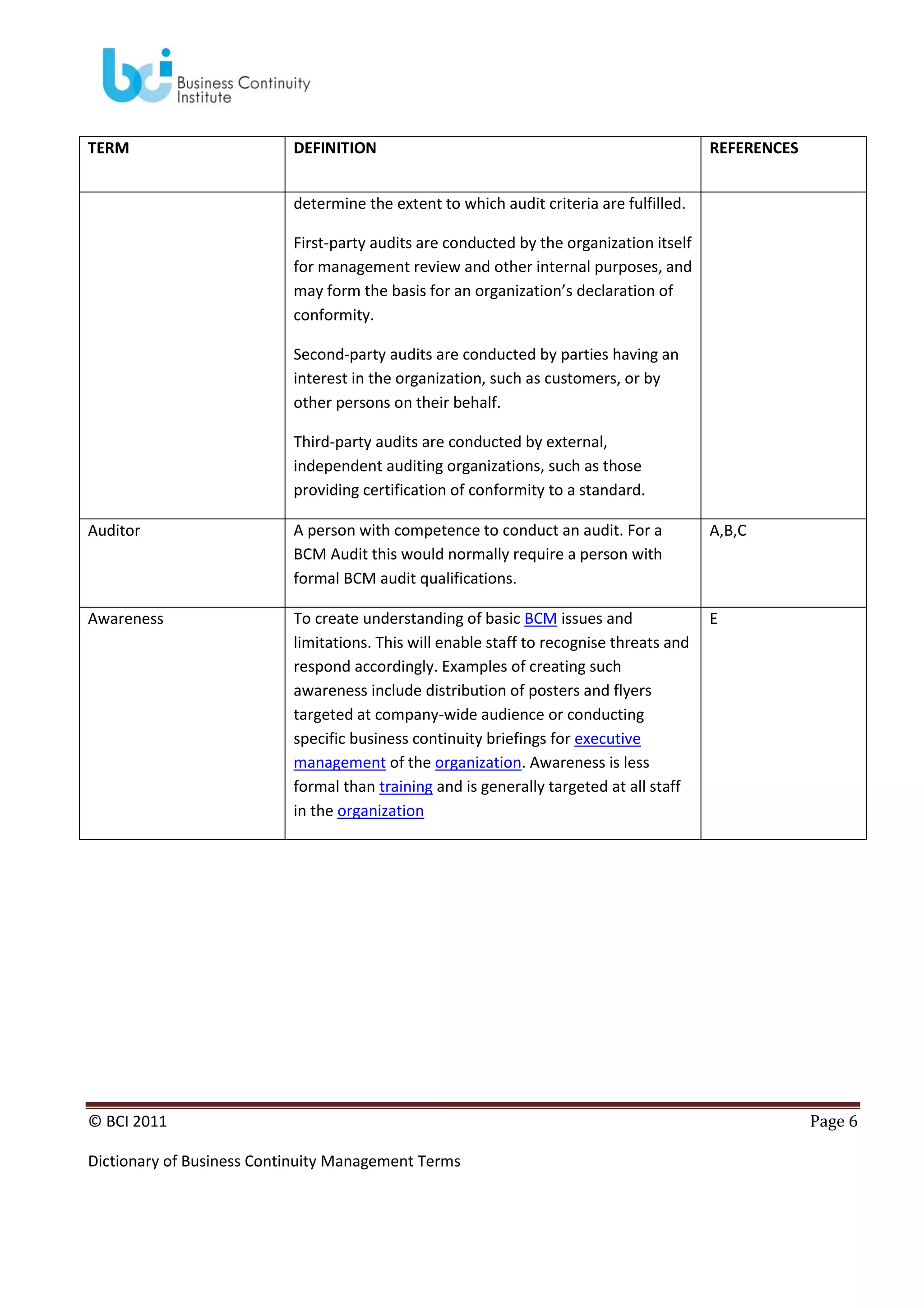 TERM

DEFINITION

REFERENCES

determine the extent to which audit criteria are fulfilled.
First-party audits are conducted by the organization itself
for management review and other internal purposes, and
may form the basis for an organization’s declaration of
conformity.
Second-party audits are conducted by parties having an
interest in the organization, such as customers, or by
other persons on their behalf.
Third-party audits are conducted by external,
independent auditing organizations, such as those
providing certification of conformity to a standard.
Auditor

A person with competence to conduct an audit. For a
BCM Audit this would normally require a person with
formal BCM audit qualifications.

A,B,C

Awareness

To create understanding of basic BCM issues and
limitations. This will enable staff to recognise threats and
respond accordingly. Examples of creating such
awareness include distribution of posters and flyers
targeted at company-wide audience or conducting
specific business continuity briefings for executive
management of the organization. Awareness is less
formal than training and is generally targeted at all staff
in the organization

E

© BCI 2011
Dictionary of Business Continuity Management Terms

Page 6

 