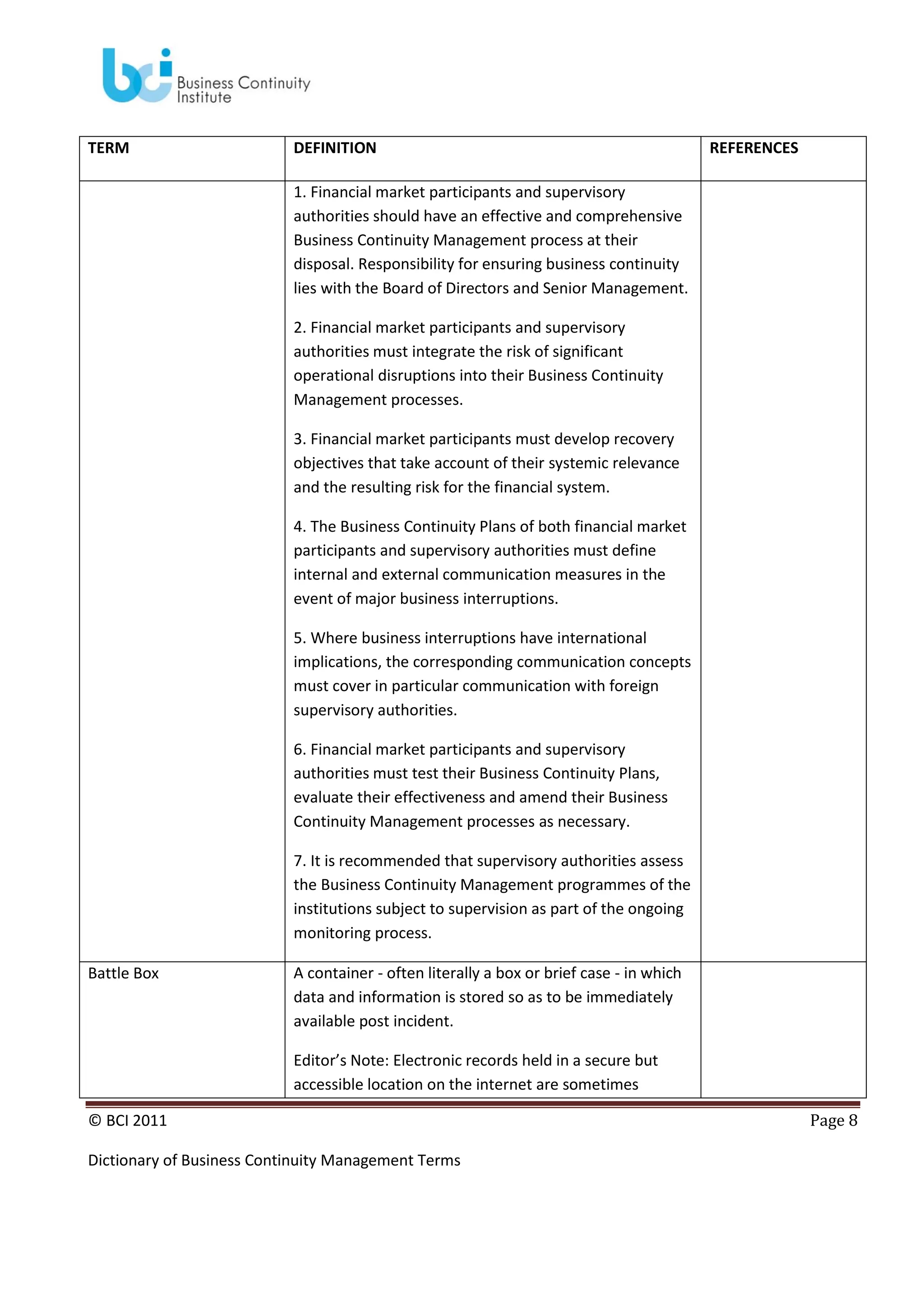 TERM

DEFINITION

REFERENCES

1. Financial market participants and supervisory
authorities should have an effective and comprehensive
Business Continuity Management process at their
disposal. Responsibility for ensuring business continuity
lies with the Board of Directors and Senior Management.
2. Financial market participants and supervisory
authorities must integrate the risk of significant
operational disruptions into their Business Continuity
Management processes.
3. Financial market participants must develop recovery
objectives that take account of their systemic relevance
and the resulting risk for the financial system.
4. The Business Continuity Plans of both financial market
participants and supervisory authorities must define
internal and external communication measures in the
event of major business interruptions.
5. Where business interruptions have international
implications, the corresponding communication concepts
must cover in particular communication with foreign
supervisory authorities.
6. Financial market participants and supervisory
authorities must test their Business Continuity Plans,
evaluate their effectiveness and amend their Business
Continuity Management processes as necessary.
7. It is recommended that supervisory authorities assess
the Business Continuity Management programmes of the
institutions subject to supervision as part of the ongoing
monitoring process.
Battle Box

A container - often literally a box or brief case - in which
data and information is stored so as to be immediately
available post incident.
Editor’s Note: Electronic records held in a secure but
accessible location on the internet are sometimes

© BCI 2011
Dictionary of Business Continuity Management Terms

Page 8

 