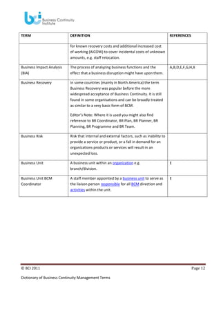TERM

DEFINITION

REFERENCES

for known recovery costs and additional increased cost
of working (AICOW) to cover incidental costs of unknown
amounts, e.g. staff relocation.
Business Impact Analysis
(BIA)

The process of analyzing business functions and the
effect that a business disruption might have upon them.

Business Recovery

In some countries (mainly in North America) the term
Business Recovery was popular before the more
widespread acceptance of Business Continuity. It is still
found in some organisations and can be broadly treated
as similar to a very basic form of BCM.

A,B,D,E,F,G,H,X

Editor’s Note: Where it is used you might also find
reference to BR Coordinator, BR Plan, BR Planner, BR
Planning, BR Programme and BR Team.
Business Risk

Risk that internal and external factors, such as inability to
provide a service or product, or a fall in demand for an
organizations products or services will result in an
unexpected loss.

Business Unit

A business unit within an organization e.g.
branch/division.

E

Business Unit BCM
Coordinator

A staff member appointed by a business unit to serve as
the liaison person responsible for all BCM direction and
activities within the unit.

E

© BCI 2011
Dictionary of Business Continuity Management Terms

Page 12

 