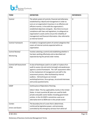 TERM

DEFINITION

REFERENCES

Control

The whole system of controls, financial and otherwise,
established by a Board and management in order to
carry on an organization’s business in an effective and
efficient manner, in line with the organization’s
established objectives and goals. Also there to ensure
compliance with laws and regulations, to safeguard an
organization’s assets and to ensure the reliability of
management and financial information. Also referred to
as Internal Control

D

Control Framework

A model or recognised system of control categories that
covers all internal controls expected within an
organization.

Control Review/

Involves selecting a control and establishing whether it
has been working effectively and as described and
expected during the period under review.

Monitoring

Control Self Assessment
(CSA)

A class of techniques used in an audit or in place of an
audit to assess risk and control strength and weaknesses
against a control framework. The ‘self’ assessment refers
to the involvement of management and staff in the
assessment process, often facilitated by internal
auditors. CSA techniques can include
workshop/seminars, focus groups, structured interviews
and survey questionnaires.

COOP

Continuance of Operations Planning.

X

Editor’s Note: This has applicability mainly in the United
States. In most countries BC plans are used for both
private and public sector bodies including government
entities. In the US COOP is sometimes used as an
alternative term to BCM even in the private sector.
Cordon
(Inner and Outer)

The boundary line of a zone that is determined,
reinforced by legislative power, and exclusively
controlled by the emergency services from which all

© BCI 2011
Dictionary of Business Continuity Management Terms

Page 16

 