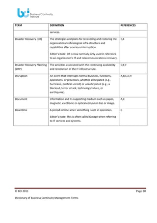 TERM

DEFINITION

REFERENCES

services.
Disaster Recovery (DR)

The strategies and plans for recovering and restoring the
organizations technological infra-structure and
capabilities after a serious interruption.

E,X

Editor’s Note: DR is now normally only used in reference
to an organization’s IT and telecommunications recovery.
Disaster Recovery Planning
(DRP)

The activities associated with the continuing availability
and restoration of the IT infrastructure.

D,E,F

Disruption

An event that interrupts normal business, functions,
operations, or processes, whether anticipated (e.g.,
hurricane, political unrest) or unanticipated (e.g., a
blackout, terror attack, technology failure, or
earthquake).

A,B,C,E,H

Document

Information and its supporting medium such as paper,
magnetic, electronic or optical computer disc or image.

A,C

Downtime

A period in time when something is not in operation.

C

Editor’s Note: This is often called Outage when referring
to IT services and systems.

© BCI 2011
Dictionary of Business Continuity Management Terms

Page 20

 