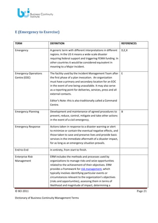 E (Emergency to Exercise)
TERM

DEFINITION

REFERENCES

Emergency

A generic term with different interpretations in different
regions. In the US it means a wide-scale disaster
requiring federal support and triggering FEMA funding. In
other countries it would be considered equivalent in
meaning to a Major Incident.

D,E,X

Emergency Operations
Centre (EOC)

The facility used by the Incident Management Team after
the first phase of a plan invocation. An organization
must have a primary and secondary location for an EOC
in the event of one being unavailable. It may also serve
as a reporting point for deliveries, services, press and all
external contacts.

E

Editor’s Note: this is also traditionally called a Command
Centre.
Emergency Planning

Development and maintenance of agreed procedures to
prevent, reduce, control, mitigate and take other actions
in the event of a civil emergency.

Emergency Response

Actions taken in response to a disaster warning or alert
to minimize or contain the eventual negative effects, and
those taken to save and preserve lives and provide basic
services in the immediate aftermath of a disaster impact,
for as long as an emergency situation prevails.

End-to-End

In entirety, from start to finish.

Enterprise Risk
Management

ERM includes the methods and processes used by
organizations to manage risks and seize opportunities
related to the achievement of their objectives. ERM
provides a framework for risk management, which
typically involves identifying particular events or
circumstances relevant to the organization's objectives
(risks and opportunities), assessing them in terms of
likelihood and magnitude of impact, determining a

© BCI 2011
Dictionary of Business Continuity Management Terms

B

Page 21

 