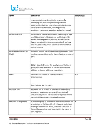 TERM

DEFINITION

REFERENCES

response strategy, and monitoring progress. By
identifying and proactively addressing risks and
opportunities, business enterprises protect and create
value for their stakeholders, including owners,
employees, customers, regulators, and society overall.
Essential Services

Infrastructure services without which a building or area
would be considered disabled and unable to provide
normal operating services; typically includes utilities
(water, gas, electricity, telecommunications), and may
also include standby power systems or environmental
control systems.

Estimated Maximum Loss
(EML)

Insurance policies are written based upon the EML – the
maximum amount that can be claimed against an insured
peril.

Editors Note: In BI terms this usually means the loss of
gross profit after deduction of variable expenses and
addition of allowed additional expenditure.
Event

Occurrence or change of a particular set of
circumstances.

C,D

Editor’s Note: See “Incident”.
Exclusion Zone

Boundary line of an area or zone that is controlled by
emergency services personnel, and from which all
unauthorized persons are excluded for a period of time
determined by emergency services leadership.

Executive Management

A person or group of people who directs and controls an
organization at the highest level. In larger organizations
this might be called the Board, Directors, Executives or
Senior Managers. In a small organization, the owner or
sole proprietor.

© BCI 2011
Dictionary of Business Continuity Management Terms

E

Page 22

 