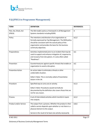 P,Q (PDCA to Programme Management)
TERM

DEFINITION

REFERENCES

Plan, Do, Check, Act
(PDCA)

The ISO model used as a framework in all Management
Systems standards including BCMS.

A

Policy

The intentions and direction of an organization as
formally expressed by Top Management. The BCM policy
should be consistent with the overall policy of the
organization and provides the basis for the business
continuity objectives.

A,C,E

Preparedness

Activities implemented prior to an incident that may be
used to support and enhance mitigation of, response to,
and recovery from disruptions. It is also often called
“Readiness”.

A,C

Prevention

Countermeasures against specific threats that enable an
organization to avoid a disruption.

A,C

Preventive Action

An action taken to eliminate a threat or other
undesirable situation.

C

Editor’s Note: This is normally called a Preventative
Action in the UK.
Procedure

Specified way to carry out an activity.

A,C,E

Editor’s Note: Procedures would normally be
documented by the definition also covers those that are
not for any reason.
Process

A set of interrelated activities which transform inputs
into outputs.

A,C,E

Product and/or Service

The output from a process. Whether the product is then
called a service depends upon whether or not there is a
physical element to the output.

A,B,C

Service is the result of at least one activity necessarily
© BCI 2011
Dictionary of Business Continuity Management Terms

Page 37

 