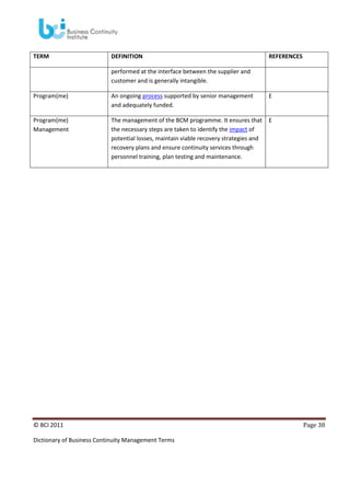 TERM

DEFINITION

REFERENCES

performed at the interface between the supplier and
customer and is generally intangible.
Program(me)

An ongoing process supported by senior management
and adequately funded.

E

Program(me)
Management

The management of the BCM programme. It ensures that
the necessary steps are taken to identify the impact of
potential losses, maintain viable recovery strategies and
recovery plans and ensure continuity services through
personnel training, plan testing and maintenance.

E

© BCI 2011
Dictionary of Business Continuity Management Terms

Page 38

 