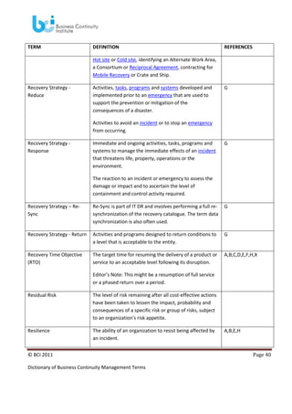 TERM

DEFINITION

REFERENCES

Hot site or Cold site, identifying an Alternate Work Area,
a Consortium or Reciprocal Agreement, contracting for
Mobile Recovery or Crate and Ship.
Recovery Strategy Reduce

Activities, tasks, programs and systems developed and
implemented prior to an emergency that are used to
support the prevention or mitigation of the
consequences of a disaster.

G

Activities to avoid an incident or to stop an emergency
from occurring.
Recovery Strategy Response

Immediate and ongoing activities, tasks, programs and
systems to manage the immediate effects of an incident
that threatens life, property, operations or the
environment.

G

The reaction to an incident or emergency to assess the
damage or impact and to ascertain the level of
containment and control activity required.
Recovery Strategy – ReSync

Re-Sync is part of IT DR and involves performing a full resynchronization of the recovery catalogue. The term data
synchronization is also often used.

G

Recovery Strategy - Return

Activities and programs designed to return conditions to
a level that is acceptable to the entity.

G

Recovery Time Objective
(RTO)

The target time for resuming the delivery of a product or
service to an acceptable level following its disruption.

A,B,C,D,E,F,H,X

Editor’s Note: This might be a resumption of full service
or a phased return over a period.
Residual Risk

The level of risk remaining after all cost-effective actions
have been taken to lessen the impact, probability and
consequences of a specific risk or group of risks, subject
to an organization's risk appetite.

Resilience

The ability of an organization to resist being affected by
an incident.

© BCI 2011
Dictionary of Business Continuity Management Terms

A,B,E,H

Page 40

 