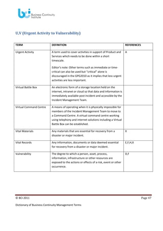 U,V (Urgent Activity to Vulnerability)
TERM

DEFINITION

REFERENCES

Urgent Activity

A term used to cover activities in support of Product and
Services which needs to be done within a short
timescale.

A

Editor’s note: Other terms such as immediate or timecritical can also be used but “critical” alone is
discouraged in the GPG2010 as it implies that less urgent
activities are less important.
Virtual Battle Box

An electronic form of a storage location held on the
internet, intranet or cloud so that data and information is
immediately available post incident and accessible by the
Incident Management Team.

Virtual Command Centre

A means of operating when it is physically impossible for
members of the Incident Management Team to move to
a Command Centre. A virtual command centre working
using telephony and internet solutions including a Virtual
Battle Box can be established.

Vital Materials

Any materials that are essential for recovery from a
disaster or major incident.

X

Vital Records

Any information, documents or data deemed essential
for recovery from a disaster or major incident.

E,F,H,X

Vulnerability

The degree to which a person, asset, process,
information, infrastructure or other resources are
exposed to the actions or effects of a risk, event or other
occurrence.

D,F

© BCI 2011
Dictionary of Business Continuity Management Terms

Page 47

 