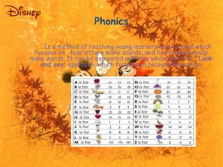 Phonics 
Is a method of teaching young learners how to read which 
focuses on how letters make sounds, and how these sound...
