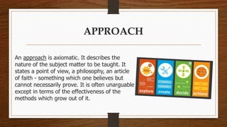 APPROACH 
An approach is axiomatic. It describes the 
nature of the subject matter to be taught. It 
states a point of view, a philosophy, an article 
of faith - something which one believes but 
cannot necessarily prove. It is often unarguable 
except in terms of the effectiveness of the 
methods which grow out of it. 
 