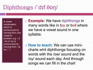 Diphthongs /ˈdɪf.θɒŋ/ 
A vowel 
combination 
which is 
pronounced by 
moving from one 
vowel to 
another, e.g. / aˆ 
/ as in my is 
pronounced by 
moving from / æ 
/to / ˆ /. 
 Example: We have diphthongs in 
many words like in toy or boil where 
we have a vowel sound in one 
syllable. 
 How to teach: We can use mini-charts 
whit diphthongs focusing on 
words with the /ow/ sound and the 
/oy/ sound each day. And through 
songs we can fill in the chart 
 