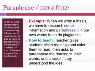 Paraphrase /ˈpær.ə.freɪz/ 
To say or write 
something that 
has been read 
or heard using 
different words. 
Paraphrase can 
also be used to 
describe what a 
learner does if 
she/he is not 
sure of the exact 
language they 
need to use. 
 Example: When we write a thesis, 
we have to research some 
information and paraphrase it in our 
own words to no do plagiarism 
 How to teach: Teacher gives 
students short readings and asks 
them to read, then asks to 
paraphrase the reading in their 
words, and checks if they 
understood the idea. 
 