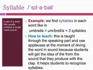 Syllable /ˈsɪl·ə·bəl/ 
A part of a word 
that usually 
contains a single 
vowel sound. 
 Example: we find syllables in each 
word like in 
umbrella = um/brell/a = 3 syllables 
 How to teach: this is taught 
through the speaking part and use 
applauses at the moment of diving 
the word in sound because students 
will get the idea of the from the 
sound that they produce with the 
clap. It helps students to recognize 
syllables. 
 