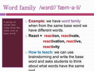 Word family /wɜrd//ˈfæm·ə·li/ 
A group of 
words that 
come from the 
same root or 
base word, 
 Example: we have word family 
when from the same base word we 
have different words. 
 React = reaction, reactivate, 
reactivation, reactive, 
reactivity 
 How to teach: we can use 
brainstorming and write the base 
word and asks students to think 
about what words have the same 
root 
 