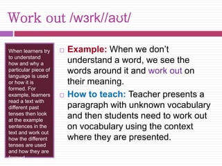 Work out /wɜrk//aʊt/ 
When learners try 
to understand 
how and why a 
particular piece of 
language is used 
or how it is 
formed. For 
example, learners 
read a text with 
different past 
tenses then look 
at the example 
sentences in the 
text and work out 
how the different 
tenses are used 
and how they are 
formed. 
 Example: When we don’t 
understand a word, we see the 
words around it and work out on 
their meaning. 
 How to teach: Teacher presents a 
paragraph with unknown vocabulary 
and then students need to work out 
on vocabulary using the context 
where they are presented. 
