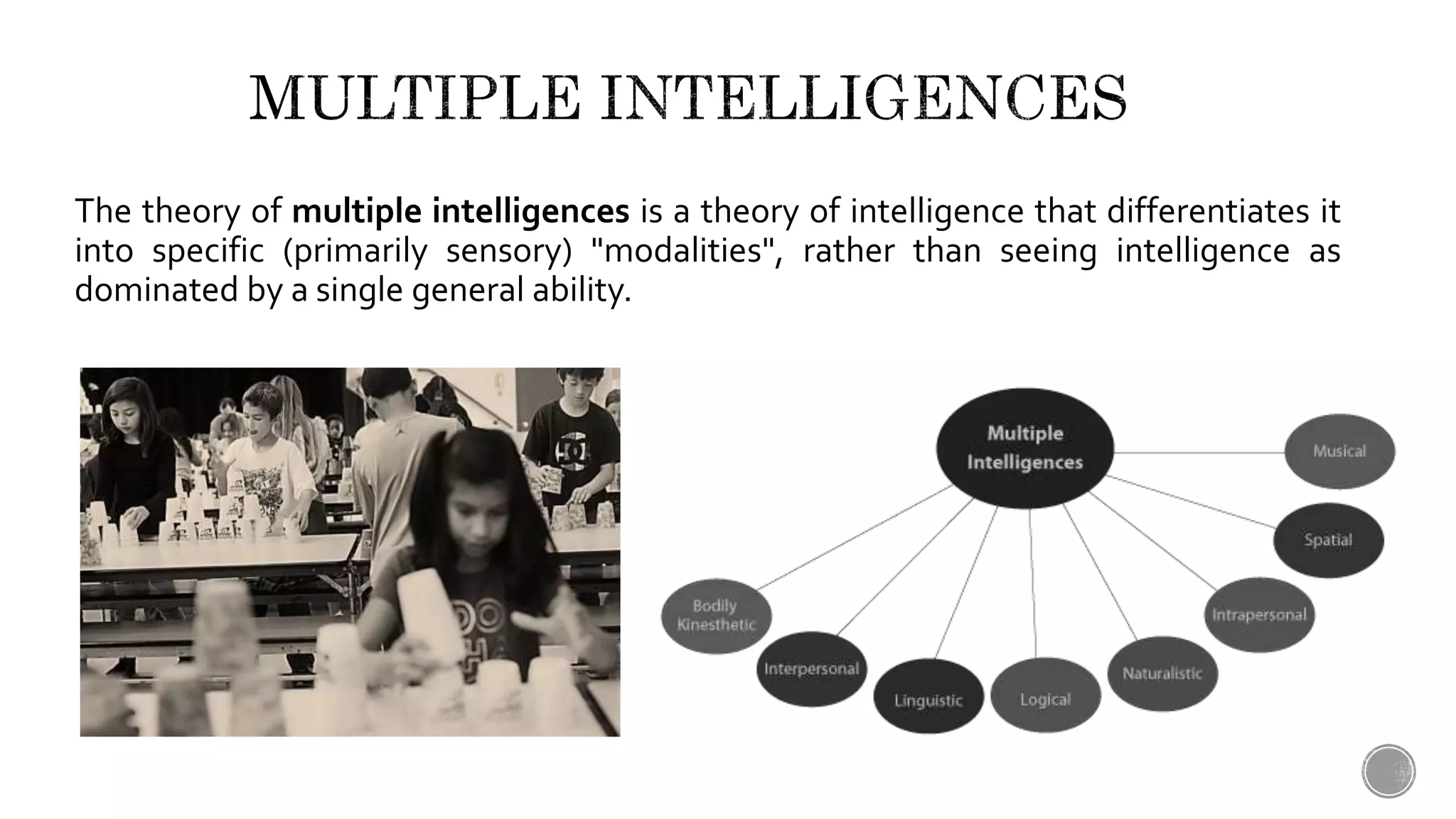 The theory of Multiple Intelligences is a theory of intelligence that differentiates it
into specific (primarily sensory) "modalities", rather than seeing intelligence as
dominated by a single general ability.
 