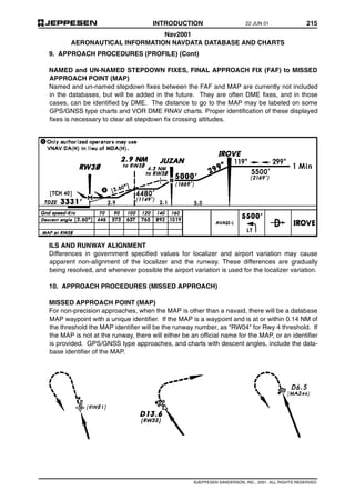 INTRODUCTION 215
Nav2001
AERONAUTICAL INFORMATION NAVDATA DATABASE AND CHARTS
©JEPPESEN SANDERSON, INC., 2001. ALL RIGHTS RESERVED.
9. APPROACH PROCEDURES (PROFILE) (Cont)
NAMED and UN-NAMED STEPDOWN FIXES, FINAL APPROACH FIX (FAF) to MISSED
APPROACH POINT (MAP)
Named and un-named stepdown fixes between the FAF and MAP are currently not included
in the databases, but will be added in the future. They are often DME fixes, and in those
cases, can be identified by DME. The distance to go to the MAP may be labeled on some
GPS/GNSS type charts and VOR DME RNAV charts. Proper identification of these displayed
fixes is necessary to clear all stepdown fix crossing altitudes.
ILS AND RUNWAY ALIGNMENT
Differences in government specified values for localizer and airport variation may cause
apparent non-alignment of the localizer and the runway. These differences are gradually
being resolved, and whenever possible the airport variation is used for the localizer variation.
10. APPROACH PROCEDURES (MISSED APPROACH)
MISSED APPROACH POINT (MAP)
For non-precision approaches, when the MAP is other than a navaid, there will be a database
MAP waypoint with a unique identifier. If the MAP is a waypoint and is at or within 0.14 NM of
the threshold the MAP identifier will be the runway number, as "RW04" for Rwy 4 threshold. If
the MAP is not at the runway, there will either be an official name for the MAP, or an identifier
is provided. GPS/GNSS type approaches, and charts with descent angles, include the data-
base identifier of the MAP.
22 JUN 01
 