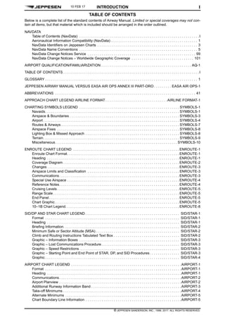 TABLE OF CONTENTS
INTRODUCTION
© JEPPESEN SANDERSON, INC., 1998, 2017. ALL RIGHTS RESERVED.
I
Below is a complete list of the standard contents of Airway Manual. Limited or special coverages may not con-
tain all items, but that material which is included should be arranged in the order outlined.
NAVDATA
Table of Contents (NavData) . . . . . . . . . . . . . . . . . . . . . . . . . . . . . . . . . . . . . . . . . . . . . . . . . . . . . . . . . . . .I
Aeronautical Information Compatibility (NavData) . . . . . . . . . . . . . . . . . . . . . . . . . . . . . . . . . . . . . . . . . . . 1
NavData Identifiers on Jeppesen Charts . . . . . . . . . . . . . . . . . . . . . . . . . . . . . . . . . . . . . . . . . . . . . . . . . . 3
NavData Name Conventions . . . . . . . . . . . . . . . . . . . . . . . . . . . . . . . . . . . . . . . . . . . . . . . . . . . . . . . . . . . 5
NavData Change Notices Service . . . . . . . . . . . . . . . . . . . . . . . . . . . . . . . . . . . . . . . . . . . . . . . . . . . . . . 99
NavData Change Notices – Worldwide Geographic Coverage . . . . . . . . . . . . . . . . . . . . . . . . . . . . . . . 101
AIRPORT QUALIFICATION/FAMILIARIZATION . . . . . . . . . . . . . . . . . . . . . . . . . . . . . . . . . . . . . . . . . . . . . AQ-1
TABLE OF CONTENTS . . . . . . . . . . . . . . . . . . . . . . . . . . . . . . . . . . . . . . . . . . . . . . . . . . . . . . . . . . . . . . . . . . . .I
GLOSSARY . . . . . . . . . . . . . . . . . . . . . . . . . . . . . . . . . . . . . . . . . . . . . . . . . . . . . . . . . . . . . . . . . . . . . . . . . . . . 1
JEPPESEN AIRWAY MANUAL VERSUS EASA AIR OPS ANNEX III PART-ORO. . . . . . . . . EASA AIR OPS-1
ABBREVIATIONS . . . . . . . . . . . . . . . . . . . . . . . . . . . . . . . . . . . . . . . . . . . . . . . . . . . . . . . . . . . . . . . . . . . . . . 41
APPROACH CHART LEGEND AIRLINE FORMAT. . . . . . . . . . . . . . . . . . . . . . . . . . . . . . .AIRLINE FORMAT-1
CHARTING SYMBOLS LEGEND . . . . . . . . . . . . . . . . . . . . . . . . . . . . . . . . . . . . . . . . . . . . . . . . . . SYMBOLS-1
Navaids. . . . . . . . . . . . . . . . . . . . . . . . . . . . . . . . . . . . . . . . . . . . . . . . . . . . . . . . . . . . . . . . . . . SYMBOLS-1
Airspace & Boundaries . . . . . . . . . . . . . . . . . . . . . . . . . . . . . . . . . . . . . . . . . . . . . . . . . . . . . . . SYMBOLS-3
Airport . . . . . . . . . . . . . . . . . . . . . . . . . . . . . . . . . . . . . . . . . . . . . . . . . . . . . . . . . . . . . . . . . . . . SYMBOLS-4
Routes & Airways . . . . . . . . . . . . . . . . . . . . . . . . . . . . . . . . . . . . . . . . . . . . . . . . . . . . . . . . . . . SYMBOLS-7
Airspace Fixes . . . . . . . . . . . . . . . . . . . . . . . . . . . . . . . . . . . . . . . . . . . . . . . . . . . . . . . . . . . . . SYMBOLS-8
Lighting Box & Missed Approach . . . . . . . . . . . . . . . . . . . . . . . . . . . . . . . . . . . . . . . . . . . . . . . SYMBOLS-8
Terrain. . . . . . . . . . . . . . . . . . . . . . . . . . . . . . . . . . . . . . . . . . . . . . . . . . . . . . . . . . . . . . . . . . . . SYMBOLS-9
Miscellaneous. . . . . . . . . . . . . . . . . . . . . . . . . . . . . . . . . . . . . . . . . . . . . . . . . . . . . . . . . . . . . SYMBOLS-10
ENROUTE CHART LEGEND . . . . . . . . . . . . . . . . . . . . . . . . . . . . . . . . . . . . . . . . . . . . . . . . . . . . . ENROUTE-1
Enroute Chart Format. . . . . . . . . . . . . . . . . . . . . . . . . . . . . . . . . . . . . . . . . . . . . . . . . . . . . . . . ENROUTE-1
Heading . . . . . . . . . . . . . . . . . . . . . . . . . . . . . . . . . . . . . . . . . . . . . . . . . . . . . . . . . . . . . . . . . . ENROUTE-1
Coverage Diagram . . . . . . . . . . . . . . . . . . . . . . . . . . . . . . . . . . . . . . . . . . . . . . . . . . . . . . . . . . ENROUTE-2
Changes . . . . . . . . . . . . . . . . . . . . . . . . . . . . . . . . . . . . . . . . . . . . . . . . . . . . . . . . . . . . . . . . . . ENROUTE-3
Airspace Limits and Classification . . . . . . . . . . . . . . . . . . . . . . . . . . . . . . . . . . . . . . . . . . . . . . ENROUTE-3
Communications. . . . . . . . . . . . . . . . . . . . . . . . . . . . . . . . . . . . . . . . . . . . . . . . . . . . . . . . . . . . ENROUTE-3
Special Use Airspace . . . . . . . . . . . . . . . . . . . . . . . . . . . . . . . . . . . . . . . . . . . . . . . . . . . . . . . . ENROUTE-4
Reference Notes. . . . . . . . . . . . . . . . . . . . . . . . . . . . . . . . . . . . . . . . . . . . . . . . . . . . . . . . . . . . ENROUTE-4
Cruising Levels . . . . . . . . . . . . . . . . . . . . . . . . . . . . . . . . . . . . . . . . . . . . . . . . . . . . . . . . . . . . . ENROUTE-5
Range Scale . . . . . . . . . . . . . . . . . . . . . . . . . . . . . . . . . . . . . . . . . . . . . . . . . . . . . . . . . . . . . . . ENROUTE-5
End Panel . . . . . . . . . . . . . . . . . . . . . . . . . . . . . . . . . . . . . . . . . . . . . . . . . . . . . . . . . . . . . . . . . ENROUTE-5
Chart Graphic . . . . . . . . . . . . . . . . . . . . . . . . . . . . . . . . . . . . . . . . . . . . . . . . . . . . . . . . . . . . . . ENROUTE-5
10–1B Chart Legend. . . . . . . . . . . . . . . . . . . . . . . . . . . . . . . . . . . . . . . . . . . . . . . . . . . . . . . . . ENROUTE-8
SID/DP AND STAR CHART LEGEND . . . . . . . . . . . . . . . . . . . . . . . . . . . . . . . . . . . . . . . . . . . . . . . SID/STAR-1
Format . . . . . . . . . . . . . . . . . . . . . . . . . . . . . . . . . . . . . . . . . . . . . . . . . . . . . . . . . . . . . . . . . . . SID/STAR-1
Heading . . . . . . . . . . . . . . . . . . . . . . . . . . . . . . . . . . . . . . . . . . . . . . . . . . . . . . . . . . . . . . . . . . SID/STAR-1
Briefing Information. . . . . . . . . . . . . . . . . . . . . . . . . . . . . . . . . . . . . . . . . . . . . . . . . . . . . . . . . . SID/STAR-2
Minimum Safe or Sector Altitude (MSA). . . . . . . . . . . . . . . . . . . . . . . . . . . . . . . . . . . . . . . . . . SID/STAR-2
Climb and Routing Instructions Tabulated Text Box . . . . . . . . . . . . . . . . . . . . . . . . . . . . . . . . . SID/STAR-2
Graphic – Information Boxes . . . . . . . . . . . . . . . . . . . . . . . . . . . . . . . . . . . . . . . . . . . . . . . . . . SID/STAR-3
Graphic – Lost Communications Procedure. . . . . . . . . . . . . . . . . . . . . . . . . . . . . . . . . . . . . . . SID/STAR-3
Graphic – Speed Restrictions . . . . . . . . . . . . . . . . . . . . . . . . . . . . . . . . . . . . . . . . . . . . . . . . . . SID/STAR-3
Graphic – Starting Point and End Point of STAR, DP, and SID Procedures. . . . . . . . . . . . . . . SID/STAR-3
Graphic . . . . . . . . . . . . . . . . . . . . . . . . . . . . . . . . . . . . . . . . . . . . . . . . . . . . . . . . . . . . . . . . . . . SID/STAR-4
AIRPORT CHART LEGEND . . . . . . . . . . . . . . . . . . . . . . . . . . . . . . . . . . . . . . . . . . . . . . . . . . . . . . .AIRPORT-1
Format . . . . . . . . . . . . . . . . . . . . . . . . . . . . . . . . . . . . . . . . . . . . . . . . . . . . . . . . . . . . . . . . . . . .AIRPORT-1
Heading . . . . . . . . . . . . . . . . . . . . . . . . . . . . . . . . . . . . . . . . . . . . . . . . . . . . . . . . . . . . . . . . . . .AIRPORT-1
Communications. . . . . . . . . . . . . . . . . . . . . . . . . . . . . . . . . . . . . . . . . . . . . . . . . . . . . . . . . . . . .AIRPORT-2
Airport Planview . . . . . . . . . . . . . . . . . . . . . . . . . . . . . . . . . . . . . . . . . . . . . . . . . . . . . . . . . . . . .AIRPORT-2
Additional Runway Information Band . . . . . . . . . . . . . . . . . . . . . . . . . . . . . . . . . . . . . . . . . . . . .AIRPORT-3
Take-off Minimums . . . . . . . . . . . . . . . . . . . . . . . . . . . . . . . . . . . . . . . . . . . . . . . . . . . . . . . . . . .AIRPORT-4
Alternate Minimums . . . . . . . . . . . . . . . . . . . . . . . . . . . . . . . . . . . . . . . . . . . . . . . . . . . . . . . . . .AIRPORT-5
Chart Boundary Line Information . . . . . . . . . . . . . . . . . . . . . . . . . . . . . . . . . . . . . . . . . . . . . . . .AIRPORT-5
10 FEB 17
 
