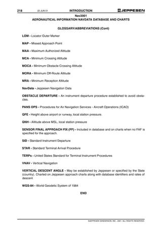 218 INTRODUCTION
©JEPPESEN SANDERSON, INC., 2001. ALL RIGHTS RESERVED.
Nav2001
AERONAUTICAL INFORMATION NAVDATA DATABASE AND CHARTS
GLOSSARY/ABBREVIATIONS (Cont)
LOM - Locator Outer Marker
MAP - Missed Approach Point
MAA - Maximum Authorized Altitude
MCA - Minimum Crossing Altitude
MOCA - Minimum Obstacle Crossing Altitude
MORA - Minimum Off-Route Altitude
MRA - Minimum Reception Altitude
NavData - Jeppesen Navigation Data
OBSTACLE DEPARTURE - An instrument departure procedure established to avoid obsta-
cles.
PANS OPS - Procedures for Air Navigation Services - Aircraft Operations (ICAO)
QFE - Height above airport or runway, local station pressure.
QNH - Altitude above MSL, local station pressure
SENSOR FINAL APPROACH FIX (FF) - Included in database and on charts when no FAF is
specified for the approach.
SID - Standard Instrument Departure
STAR - Standard Terminal Arrival Procedure
TERPs - United States Standard for Terminal Instrument Procedures
VNAV - Vertical Navigation
VERTICAL DESCENT ANGLE - May be established by Jeppesen or specified by the State
(country). Charted on Jeppesen approach charts along with database identifiers and rates of
descent
WGS-84 - World Geodetic System of 1984
END
22 JUN 01
 
