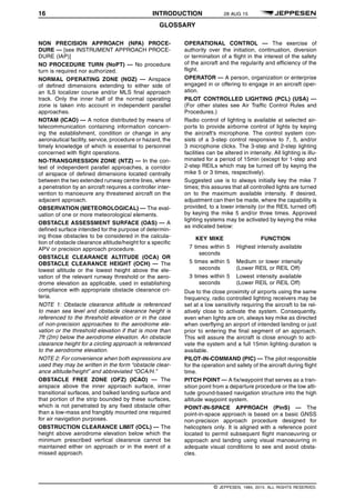 16 INTRODUCTION 28 AUG 15
GLOSSARY q$i
NON PRECISION APPROACH (NPA) PROCE-
DURE — [see INSTRUMENT APPROACH PROCE-
DURE (IAP)]
NO PROCEDURE TURN (NoPT) — No procedure
turn is required nor authorized.
NORMAL OPERATING ZONE (NOZ) — Airspace
of defined dimensions extending to either side of
an ILS localizer course and/or MLS final approach
track. Only the inner half of the normal operating
zone is taken into account in independent parallel
approaches.
NOTAM (ICAO) — A notice distributed by means of
telecommunication containing information concern-
ing the establishment, condition or change in any
aeronautical facility, service, procedure or hazard, the
timely knowledge of which is essential to personnel
concerned with flight operations.
NO-TRANSGRESSION ZONE (NTZ) — In the con-
text of independent parallel approaches, a corridor
of airspace of defined dimensions located centrally
between the two extended runway centre lines, where
a penetration by an aircraft requires a controller inter-
vention to manoeuvre any threatened aircraft on the
adjacent approach.
OBSERVATION (METEOROLOGICAL) — The eval-
uation of one or more meteorological elements.
OBSTACLE ASSESSMENT SURFACE (OAS) — A
defined surface intended for the purpose of determin-
ing those obstacles to be considered in the calcula-
tion of obstacle clearance altitude/height for a specific
APV or precision approach procedure.
OBSTACLE CLEARANCE ALTITUDE (OCA) OR
OBSTACLE CLEARANCE HEIGHT (OCH) — The
lowest altitude or the lowest height above the ele-
vation of the relevant runway threshold or the aero-
drome elevation as applicable, used in establishing
compliance with appropriate obstacle clearance cri-
teria.
NOTE 1: Obstacle clearance altitude is referenced
to mean sea level and obstacle clearance height is
referenced to the threshold elevation or in the case
of non-precision approaches to the aerodrome ele-
vation or the threshold elevation if that is more than
7ft (2m) below the aerodrome elevation. An obstacle
clearance height for a circling approach is referenced
to the aerodrome elevation.
NOTE 2: For convenience when both expressions are
used they may be written in the form “obstacle clear-
ance altitude/height” and abbreviated “OCA/H.”
OBSTACLE FREE ZONE (OFZ) (ICAO) — The
airspace above the inner approach surface, inner
transitional surfaces, and balked landing surface and
that portion of the strip bounded by these surfaces,
which is not penetrated by any fixed obstacle other
than a low-mass and frangibly mounted one required
for air navigation purposes.
OBSTRUCTION CLEARANCE LIMIT (OCL) — The
height above aerodrome elevation below which the
minimum prescribed vertical clearance cannot be
maintained either on approach or in the event of a
missed approach.
OPERATIONAL CONTROL — The exercise of
authority over the initiation, continuation, diversion
or termination of a flight in the interest of the safety
of the aircraft and the regularity and efficiency of the
flight.
OPERATOR — A person, organization or enterprise
engaged in or offering to engage in an aircraft oper-
ation.
PILOT CONTROLLED LIGHTING (PCL) (USA) —
(For other states see Air Traffic Control Rules and
Procedures.)
Radio control of lighting is available at selected air-
ports to provide airborne control of lights by keying
the aircraft’s microphone. The control system con-
sists of a 3-step control responsive to 7, 5, and/or
3 microphone clicks. The 3-step and 2-step lighting
facilities can be altered in intensity. All lighting is illu-
minated for a period of 15min (except for 1-step and
2-step REILs which may be turned off by keying the
mike 5 or 3 times, respectively).
Suggested use is to always initially key the mike 7
times; this assures that all controlled lights are turned
on to the maximum available intensity. If desired,
adjustment can then be made, where the capability is
provided, to a lower intensity (or the REIL turned off)
by keying the mike 5 and/or three times. Approved
lighting systems may be activated by keying the mike
as indicated below:
KEY MIKE FUNCTION
7 times within 5
seconds
Highest intensity available
5 times within 5
seconds
Medium or lower intensity
(Lower REIL or REIL Off)
3 times within 5
seconds
Lowest intensity available
(Lower REIL or REIL Off)
Due to the close proximity of airports using the same
frequency, radio controlled lighting receivers may be
set at a low sensitivity requiring the aircraft to be rel-
atively close to activate the system. Consequently,
even when lights are on, always key mike as directed
when overflying an airport of intended landing or just
prior to entering the final segment of an approach.
This will assure the aircraft is close enough to acti-
vate the system and a full 15min lighting duration is
available.
PILOT-IN-COMMAND (PIC) — The pilot responsible
for the operation and safety of the aircraft during flight
time.
PITCH POINT — A fix/waypoint that serves as a tran-
sition point from a departure procedure or the low alti-
tude ground-based navigation structure into the high
altitude waypoint system.
POINT-IN-SPACE APPROACH (PinS) — The
point-in-space approach is based on a basic GNSS
non-precision approach procedure designed for
helicopters only. It is aligned with a reference point
located to permit subsequent flight manoeuvring or
approach and landing using visual manoeuvring in
adequate visual conditions to see and avoid obsta-
cles.
q$z
© JEPPESEN, 1984, 2015. ALL RIGHTS RESERVED.
 