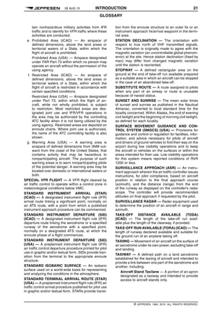 28 AUG 15 INTRODUCTION 21
GLOSSARY q$i
tain nonhazardous military activities from IFR
traffic and to identify for VFR traffic where these
activities are conducted.
e. Prohibited Area (ICAO) — An airspace of
defined dimensions, above the land areas or
territorial waters of a State, within which the
flight of aircraft is prohibited.
Prohibited Area (USA) — Airspace designated
under FAR Part 73 within which no person may
operate an aircraft without the permission of the
using agency.
f. Restricted Area (ICAO) — An airspace of
defined dimensions, above the land areas or
territorial waters of a State, within which the
flight of aircraft is restricted in accordance with
certain specified conditions.
Restricted Area (USA) — Airspace designated
under Part 73, within which the flight of air-
craft, while not wholly prohibited, is subject
to restriction. Most restricted areas are des-
ignated joint use and IFR/VFR operations in
the area may be authorized by the controlling
ATC facility when it is not being utilized by the
using agency. Restricted areas are depicted on
enroute charts. Where joint use is authorized,
the name of the ATC controlling facility is also
shown.
g. Warning Area (USA) — A warning area is
airspace of defined dimensions from 3NM out-
ward from the coast of the United States, that
contains activity that may be hazardous to
nonparticipating aircraft. The purpose of such
warning areas is to warn nonparticipating pilots
of the potential danger. A warning area may be
located over domestic or international waters or
both.
SPECIAL VFR FLIGHT — A VFR flight cleared by
air traffic control to operate within a control zone in
meteorological conditions below VMC.
STANDARD INSTRUMENT ARRIVAL (STAR)
(ICAO) — A designated instrument flight rule (IFR)
arrival route linking a significant point, normally on
an ATS route, with a point from which a published
instrument approach procedure can be commenced.
STANDARD INSTRUMENT DEPARTURE (SID)
(ICAO) — A designated instrument flight rule (IFR)
departure route linking the aerodrome or a specified
runway of the aerodrome with a specified point,
normally on a designated ATS route, at which the
enroute phase of a flight commences.
STANDARD INSTRUMENT DEPARTURE (SID)
(USA) — A preplanned instrument flight rule (IFR)
air traffic control departure procedure printed for pilot
use in graphic and/or textual form. SIDs provide tran-
sition from the terminal to the appropriate enroute
structure.
STANDARD ISOBARIC SURFACE — An isobaric
surface used on a world-wide basis for representing
and analyzing the conditions in the atmosphere.
STANDARD TERMINAL ARRIVAL ROUTE (STAR)
(USA) — A preplanned instrument flight rule (IFR) air
traffic control arrival procedure published for pilot use
in graphic and/or textual form. STARs provide transi-
tion from the enroute structure to an outer fix or an
instrument approach fix/arrival waypoint in the termi-
nal area.
STATION DECLINATION — The orientation with
respect to true north of VHF transmitted signals.
The orientation is originally made to agree with the
magnetic variation (an uncontrollable global phenom-
enon) at the site. Hence station declination (fixed by
man) may differ from changed magnetic variation
until the station is reoriented.
STOPWAY — A defined rectangular area on the
ground at the end of take-off run available prepared
as a suitable area in which an aircraft can be stopped
in the case of an abandoned take-off.
SUBSTITUTE ROUTE — A route assigned to pilots
when any part of an airway or route is unusable
because of navaid status.
SUNSET AND SUNRISE — The mean solar times
of sunset and sunrise as published in the Nautical
Almanac, converted to local standard time for the
locality concerned. Within Alaska, the end of evening
civil twilight and the beginning of morning civil twilight,
as defined for each locality.
SURFACE MOVEMENT GUIDANCE AND CON-
TROL SYSTEM (SMGCS) (USA) — Provisions for
guidance and control or regulation for facilities, infor-
mation, and advice necessary for pilots of aircraft
and drivers of ground vehicles to find their way on the
airport during low visibility operations and to keep
the aircraft or vehicles on the surfaces or within the
areas intended for their use. Low visibility operations
for this system means reported conditions of RVR
1200 or less.
SURVEILLANCE APPROACH (ASR) — An instru-
ment approach wherein the air traffic controller issues
instructions, for pilot compliance, based on aircraft
position in relation to the final approach course
(azimuth), and the distance (range) from the end
of the runway as displayed on the controller’s radar
scope. The controller will provide recommended
altitudes on final approach if requested by the pilot.
SURVEILLANCE RADAR — Radar equipment used
to determine the position of an aircraft in range and
azimuth.
TAKE-OFF DISTANCE AVAILABLE (TODA)
(ICAO) — The length of the take-off run avail-
able plus the length of the clearway, if provided.
TAKE-OFF RUN AVAILABLE (TORA) (ICAO) — The
length of runway declared available and suitable for
the ground run of an airplane taking off.
TAXIING — Movement of an aircraft on the surface of
an aerodrome under its own power, excluding take-off
and landing.
TAXIWAY — A defined path on a land aerodrome
established for the taxiing of aircraft and intended to
provide a link between one part of the aerodrome and
another, including:
Aircraft Stand Taxilane — A portion of an apron
designated as a taxiway and intended to provide
access to aircraft stands only.
q$z
© JEPPESEN, 1984, 2015. ALL RIGHTS RESERVED.
 