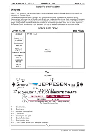 3 AUG 12 INTRODUCTION ENROUTE-1 q$i
ENROUTE CHART LEGEND
ENROUTE
NOTE: This section of the Jeppesen legend pages provides a general overview regarding the layout and
depiction of Enroute Charts.
Jeppesen Enroute Charts are compiled and constructed using the best available aeronautical and
topographical reference charts. Most Enroute Charts use the Lambert Conformal Conic projection. The design
is intended primarily for airway instrument navigation to be referenced to cockpit instruments. The following
pages briefly explain the information used on Enroute charts throughout the world. Not all items explained
apply to all charts. The Enroute chart is divided into specific areas of information as illustrated below.
ENROUTE CHART FORMAT
HEADING
1 — Chart number.
2 — Chart name.
3 — Jeppesen company logo.
4 — Chart scale.
5 — Chart region and type.
6 — Chart effective date.
7 — Chart revision date.
8 — Chart Change Notice cross reference statement.
1297704888000
1343088774871
q$z
© JEPPESEN, 2012. ALL RIGHTS RESERVED.
 