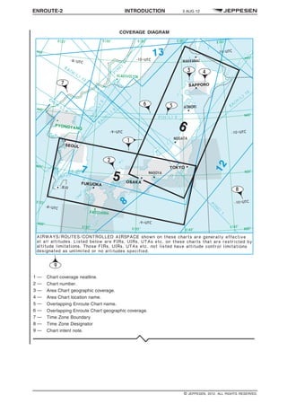 ENROUTE-2 INTRODUCTION 3 AUG 12
q$i
COVERAGE DIAGRAM
1 — Chart coverage neatline.
2 — Chart number.
3 — Area Chart geographic coverage.
4 — Area Chart location name.
5 — Overlapping Enroute Chart name.
6 — Overlapping Enroute Chart geographic coverage.
7 — Time Zone Boundary
8 — Time Zone Designator
9 — Chart intent note.
1297704888000
1343088774871
q$z
© JEPPESEN, 2012. ALL RIGHTS RESERVED.
 
