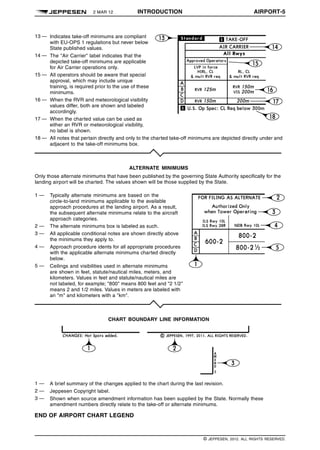 2 MAR 12 INTRODUCTION AIRPORT-5 q$i
13 — Indicates take-off minimums are compliant
with EU-OPS 1 regulations but never below
State published values.
14 — The "Air Carrier" label indicates that the
depicted take-off minimums are applicable
for Air Carrier operations only.
15 — All operators should be aware that special
approval, which may include unique
training, is required prior to the use of these
minimums.
16 — When the RVR and meteorological visibility
values differ, both are shown and labeled
accordingly.
17 — When the charted value can be used as
either an RVR or meteorological visibility,
no label is shown.
18 — All notes that pertain directly and only to the charted take-off minimums are depicted directly under and
adjacent to the take-off minimums box.
ALTERNATE MINIMUMS
Only those alternate minimums that have been published by the governing State Authority specifically for the
landing airport will be charted. The values shown will be those supplied by the State.
1 — Typically alternate minimums are based on the
circle-to-land minimums applicable to the available
approach procedures at the landing airport. As a result,
the subsequent alternate minimums relate to the aircraft
approach categories.
2 — The alternate minimums box is labeled as such.
3 — All applicable conditional notes are shown directly above
the minimums they apply to.
4 — Approach procedure idents for all appropriate procedures
with the applicable alternate minimums charted directly
below.
5 — Ceilings and visibilities used in alternate minimums
are shown in feet, statute/nautical miles, meters, and
kilometers. Values in feet and statute/nautical miles are
not labeled, for example; "800" means 800 feet and "2 1/2"
means 2 and 1/2 miles. Values in meters are labeled with
an "m" and kilometers with a "km".
CHART BOUNDARY LINE INFORMATION
1303320999000
1 — A brief summary of the changes applied to the chart during the last revision.
2 — Jeppesen Copyright label.
3 — Shown when source amendment information has been supplied by the State. Normally these
amendment numbers directly relate to the take-off or alternate minimums. 1329509537609
END OF AIRPORT CHART LEGEND
q$z
© JEPPESEN, 2012. ALL RIGHTS RESERVED.
 