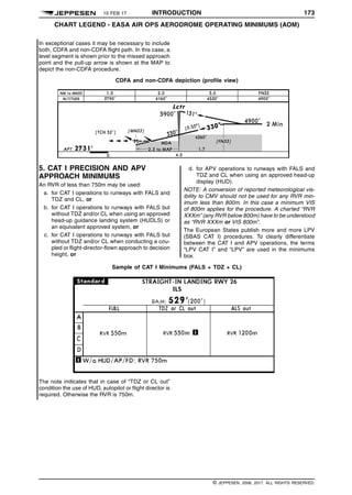 10 FEB 17 INTRODUCTION 173
CHART LEGEND - EASA AIR OPS AERODROME OPERATING MINIMUMS (AOM) q$i
In exceptional cases it may be necessary to include
both, CDFA and non-CDFA flight path. In this case, a
level segment is shown prior to the missed approach
point and the pull-up arrow is shown at the MAP to
depict the non-CDFA procedure.
CDFA and non-CDFA depiction (profile view)
1484567554702
5. CAT I PRECISION AND APV
APPROACH MINIMUMS
An RVR of less than 750m may be used:
a. for CAT I operations to runways with FALS and
TDZ and CL, or
b. for CAT I operations to runways with FALS but
without TDZ and/or CL when using an approved
head-up guidance landing system (HUDLS) or
an equivalent approved system, or
c. for CAT I operations to runways with FALS but
without TDZ and/or CL when conducting a cou-
pled or flight-director-flown approach to decision
height, or
d. for APV operations to runways with FALS and
TDZ and CL when using an approved head-up
display (HUD).
NOTE: A conversion of reported meteorological vis-
ibility to CMV should not be used for any RVR min-
imum less than 800m. In this case a minimum VIS
of 800m applies for the procedure. A charted “RVR
XXXm” (any RVR below 800m) have to be understood
as “RVR XXXm or VIS 800m”.
The European States publish more and more LPV
(SBAS CAT I) procedures. To clearly differentiate
between the CAT I and APV operations, the terms
“LPV CAT I” and “LPV” are used in the minimums
box.
Sample of CAT I Minimums (FALS + TDZ + CL)
1484734858953
The note indicates that in case of “TDZ or CL out”
condition the use of HUD, autopilot or flight director is
required. Otherwise the RVR is 750m.
q$z
© JEPPESEN, 2008, 2017. ALL RIGHTS RESERVED.
 