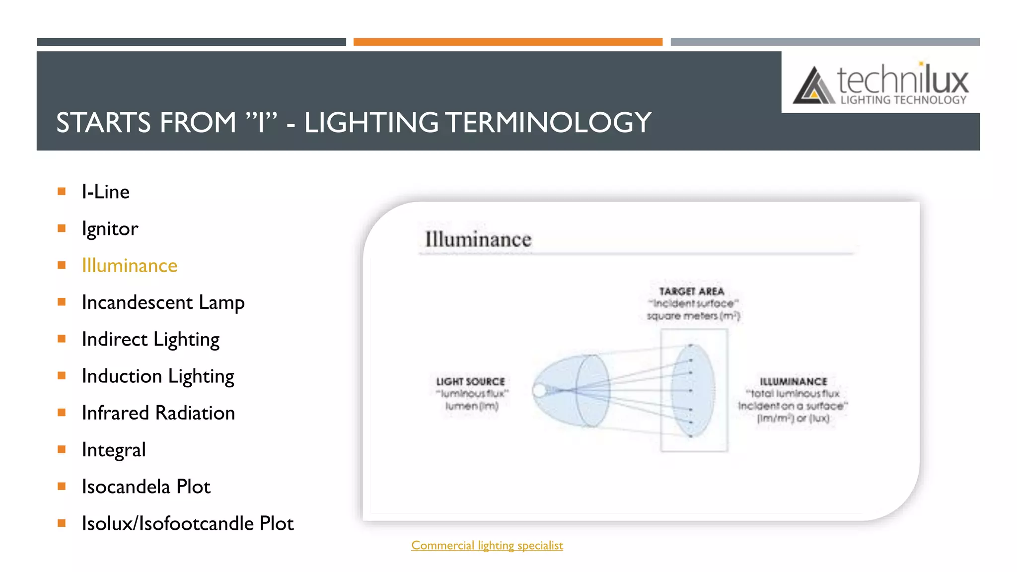 STARTS FROM ”I” - LIGHTING TERMINOLOGY
 I-Line
 Ignitor
 Illuminance
 Incandescent Lamp
 Indirect Lighting
 Induction Lighting
 Infrared Radiation
 Integral
 Isocandela Plot
 Isolux/Isofootcandle Plot
Commercial lighting specialist
 