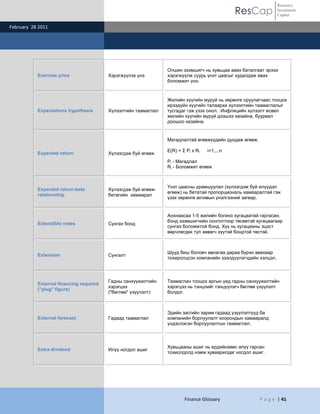 Resource
                                                                                              ResCap            Investment
                                                                                                                Capital

February 28 2011




                                                                Опшин эзэмшигч нь хувьцаа авах баталгаат эрхээ
           Exercise price                Хэрэгжүүлэх үнэ        хэрэгжүүлж суурь үнэт цаасыг худалдаж авах
                                                                боломжит үнэ.



                                                                Жилийн хүүгийн муруй нь хөрөнгө оруулагчаас тооцох
                                                                ирээдүйн хүүгийн талаархи хүлээлтийн таамаглалыг
           Expectations hypothesis       Хүлээлтийн таамаглал   тусгадаг гэж үзэх онол. Инфляцийн хүлээлт өсвөл
                                                                жилийн хүүгийн муруй дээшээ хазайна, буурвал
                                                                доошоо хазайна.


                                                                Магадлалтай өгөөжүүдийн дундаж өгөөж.

                                                                E(R) = Σ Pi x Ri   i=1,...n
           Expected return               Хүлээгдэж буй өгөөж
                                                                Pi - Магадлал
                                                                Ri - Боломжит өгөөж



                                                                Үнэт цаасны урамшуулал (хүлээгдэж буй илүүдэл
           Expected return-beta          Хүлээгдэж буй өгөөж-
                                                                өгөөж) нь бетатай пропорциональ хамааралтай гэж
           relationship                  бетагийн хамаарал
                                                                үзэх хөрөнгө активын үнэлгээний загвар.


                                                                Анхнаасаа 1-5 жилийн богино хугацаатай гаргасан,
                                                                бонд эзэмшигчийн сонголтоор төсөөтэй хугацаагаар
           Extendible notes              Сунгах бонд
                                                                сунгах боломжтой бонд. Хүү нь хугацааны эцэст
                                                                өөрчлөгдөх тул хөвөгч хүүтэй бондтой төстэй.



                                                                Шууд биш боловч авлагаа дараа бүрэн авахаар
           Extension                     Сунгалт
                                                                тохиролцсон компанийн зээлдүүлэгчдийн хэлцэл.



                                         Гадны санхүүжилтийн    Таамаглан тооцох аргын үед гадны санхүүжилтийн
           External financing required
                                         хэрэгцээ               хэрэгцээ нь тэнцлийг тэнцүүлэгч бөглөө үзүүлэлт
           ("plug" figure)
                                         ("бөглөө" үзүүлэлт)    болдог.



                                                                Эдийн засгийн зарим гадаад үзүүлэлтүүд ба
           External forecast             Гадаад таамаглал       компанийн борлуулалт хоорондын хамааралд
                                                                үндэслэсэн борлуулалтын таамаглал.



                                                                Хувьцааны ашиг нь ердийнхөөс илүү гарсан
           Extra dividend                Илүү ногдол ашиг
                                                                тохиолдолд нэмж хуваарилдаг ногдол ашиг.




                                                                        Finance Glossary                P a g e | 41
 