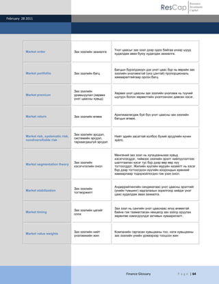 Resource
                                                                                               ResCap             Investment
                                                                                                                  Capital

February 28 2011




                                                                  Үнэт цаасыг зах зээл дээр одоо байгаа үнээр шууд
           Market order                    Зах зээлийн захиалга
                                                                  худалдаж авах буюу худалдах захиалга.



                                                                  Багцын бүрэлдэхүүн дэх үнэт цаас бүр нь өөрийн зах
           Market portfoliio               Зах зээлийн багц       зээлийн үнэлэмжтэй (үнэ цэнтэй) пропорциональ
                                                                  хамааралтайгаар орсон багц.



                                           Зах зээлийн
                                                                  Хөрвөх үнэт цаасны зах зээлийн үнэлэмж нь түүний
           Market premium                  урамшуулал (хөрвөх
                                                                  шулуун болон хөрвөлтийн үнэлгээнээс давсан хэсэг.
                                           үнэт цаасны хувьд)



                                                                  Арилжаалагдаж буй бүх үнэт цаасны зах зээлийн
           Market return                   Зах зээлийн өгөөж
                                                                  багцын өгөөж.



                                           Зах зээлийн эрсдэл,
           Market risk, systematic risk,                          Нийт эдийн засагтай холбоо бүхий эрсдлийн хүчин
                                           системийн эрсдэл,
           nondiversifiable risk                                  зүйлс.
                                           тархаагдашгүй эрсдэл



                                                                  Мөнгөний зах зээл нь хугацааныхаа хувьд
                                                                  хэсэгчлэгддэг, тиймээс зээлийн эрэлт нийлүүлэлтээс
                                           Зах зээлийн            шалтгаалан хэсэг тус бүр дээр өөр өөр хүү
           Market segmentation theory
                                           хэсэгчлэлийн онол      тогтоогддог. Жилийн хүүгийн муруйн хазайлт нь хэсэг
                                                                  бүр дээр тогтоогдсон хүүгийн хоорондын ерөнхий
                                                                  хамаарлаар тодорхойлогдно гэж үзэх онол.



                                                                  Андеррайтингийн синдикатаас үнэт цаасны эрэлтийг
                                           Зах зээлийн
           Market stabilization                                   (үнийн түвшинг) хадгалахын зорилгоор хийдэг үнэт
                                           тогтворжилт
                                                                  цаас худалдаж авах захиалга.



                                                                  Зах зээл нь сангийн үнэт цааснаас илүү өгөөжтэй
                                           Зах зээлийн цагийг
           Market timing                                          байна гэж таамагласан нөхцөлд зах зээлд оруулах
                                           олох
                                                                  хөрөнгөө нэмэгдүүлдэг активын хуваарилалт.



                                           Зах зээлийн нийт       Компанийн гаргасан хувьцааны тоо, нэгж хувьцааны
           Market value weights
                                           үнэлэмжийн жин         зах зээлийн үнийн үржвэрээр тооцсон жин




                                                                         Finance Glossary                P a g e | 64
 
