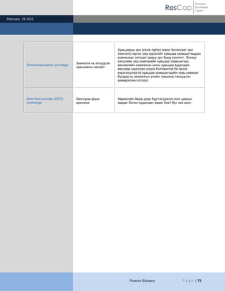 Resource
                                                                                            ResCap              Investment
                                                                                                                Capital

February 28 2011




                                                               Хувьцааны эрх (stock rights) эсвэл баталгаат эрх
                                                               (warrant) гаргах үед одоогийн хувьцаа эзэмшигчиддээ
                                                               компаниас олгодог давуу эрх буюу сонголт. Энэхүү
                                                               хэлцлийн үед компанийн хувьцаа эзэмшигчид
                                        Захиалга нь илүүдсэн
           Oversubscription privilege                          өмчлөлийн хэмжээгээ шинэ хувьцаа худалдаж
                                        хувьцааны нөхцөл
                                                               авснаар хадгалан үлдэх боломжтой ба эрхээ
                                                               хэрэгжүүлээгүй хувьцаа эзэмшигчдийн хувь хэмжээг
                                                               бусдад нь захиалгын үнийн түвшинд тэнцүүлэн
                                                               хуваарилан олгодог.




           Over-the-counter (OTC)       Лангууны арын          Хөрөнгийн бирж дээр бүртгэгдээгүй үнэт цаасыг
           exchange                     арилжаа                зардаг болон худалдан авдаг биет бус зах зээл.




                                                                      Finance Glossary                 P a g e | 75
 