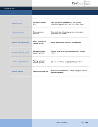 ResCap
February 28 2011
Finance Glossary P a g e | 12
Resource
Investment
Capital
Auction market
Үнэ хаялцуулах зах
зээл
Үнэт цаасны бүх наймаачид нэг дор цугларч
худалдах, худалдан авах арилжаа хийдэг газар.
Authorized shares
Зөвшөөрөгдсөн
хувьцаа
Компанийн дүрмийн дагуу гаргахыг зөвшөөрсөн
хувьцааны тоо хэмжээ.
Average age of inventory
Бараа материалын
дундаж наслалт
Бараа материалын борлогдох дундаж хоног.
Average collection period
Авлага цуглуулах
дундаж хугацаа
Дансны авлагыг цуглуулахад шаардагдах дундаж
хоног.
Average payment period
Төлбөр гүйцэтгэх
дундаж хугацаа
Дансны өр төлөхөд шаардагдах дундаж хоног.
Average tax rate Татварын дундаж хувь
Компанийн төлөх татварыг татвар ногдуулах орлогод
харьцуулсан хувь.
 
