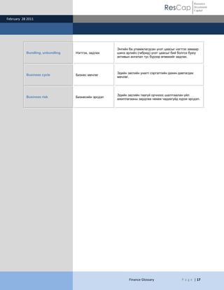 ResCap
February 28 2011
Finance Glossary P a g e | 17
Resource
Investment
Capital
Bundling, unbundling Нэгтгэх, задлах
Энгийн ба уламжлагдсан үнэт цаасыг нэгтгэх замаар
шинэ эрлийз (гибрид) үнэт цаасыг бий болгох буюу
активын ангилал тус бүрээр өгөөжийг задлах.
Business cycle Бизнес мөчлөг
Эдийн засгийн уналт сэргэлтийн дахин давтагдах
мөчлөг.
Business risk Бизнесийн эрсдэл
Эдийн засгийн таагүй орчноос шалтгаалан үйл
ажиллагааны зардлаа нөхөж чадахгүйд хүрэх эрсдэл.
 